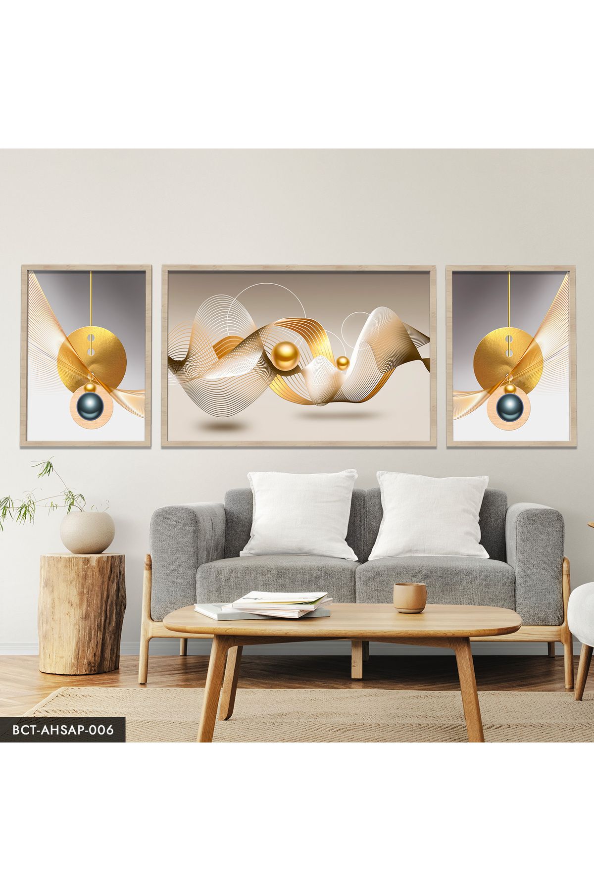 Evinemoda Gold Soyut Desenler 3 Parça Ahşap Çerçeveli Tablo