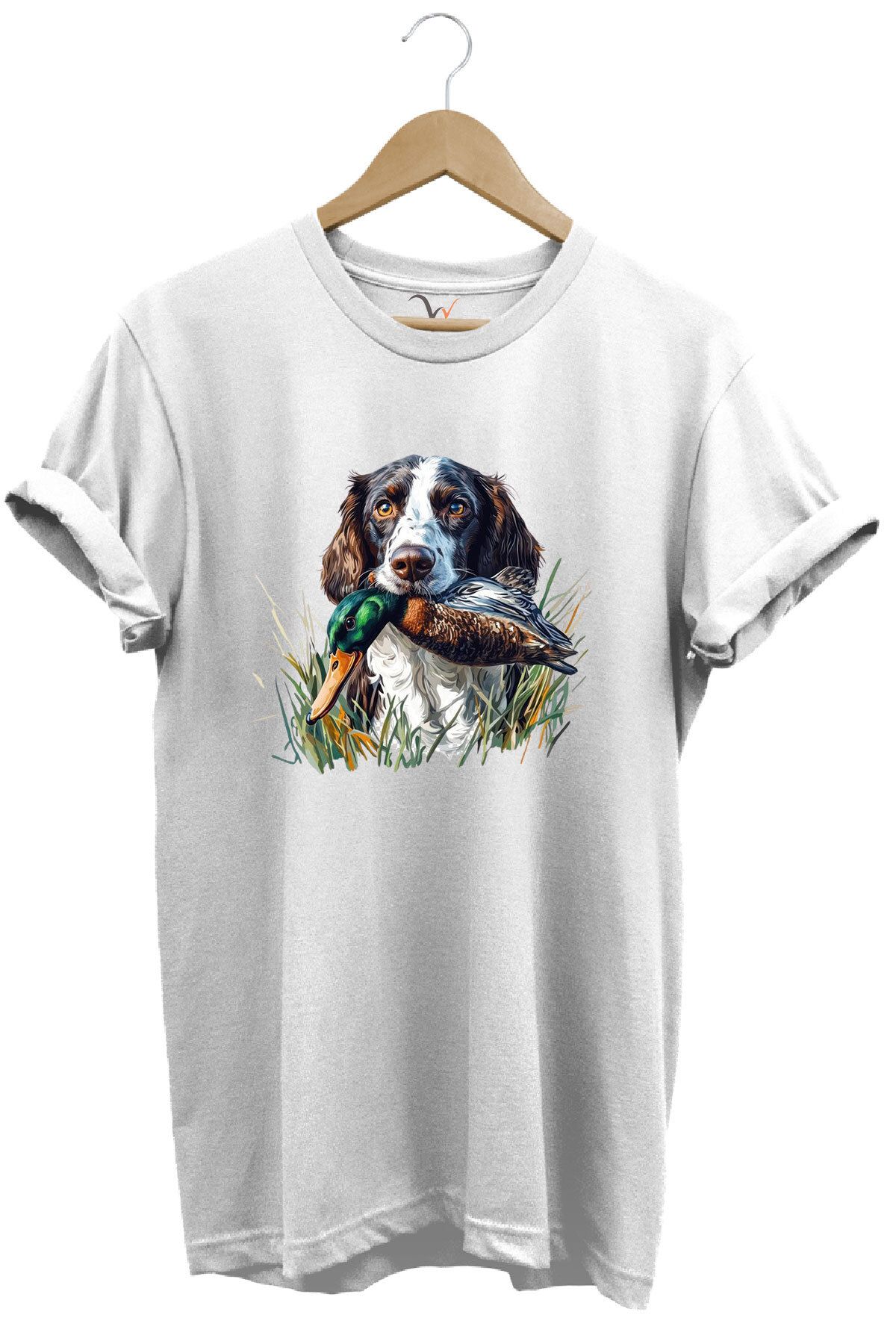 WİDİ Avcılık Av Köpeği ve Ördek Baskılı %100 Pamuk Regular Fit Bisiklet Yaka Premium T-Shirt