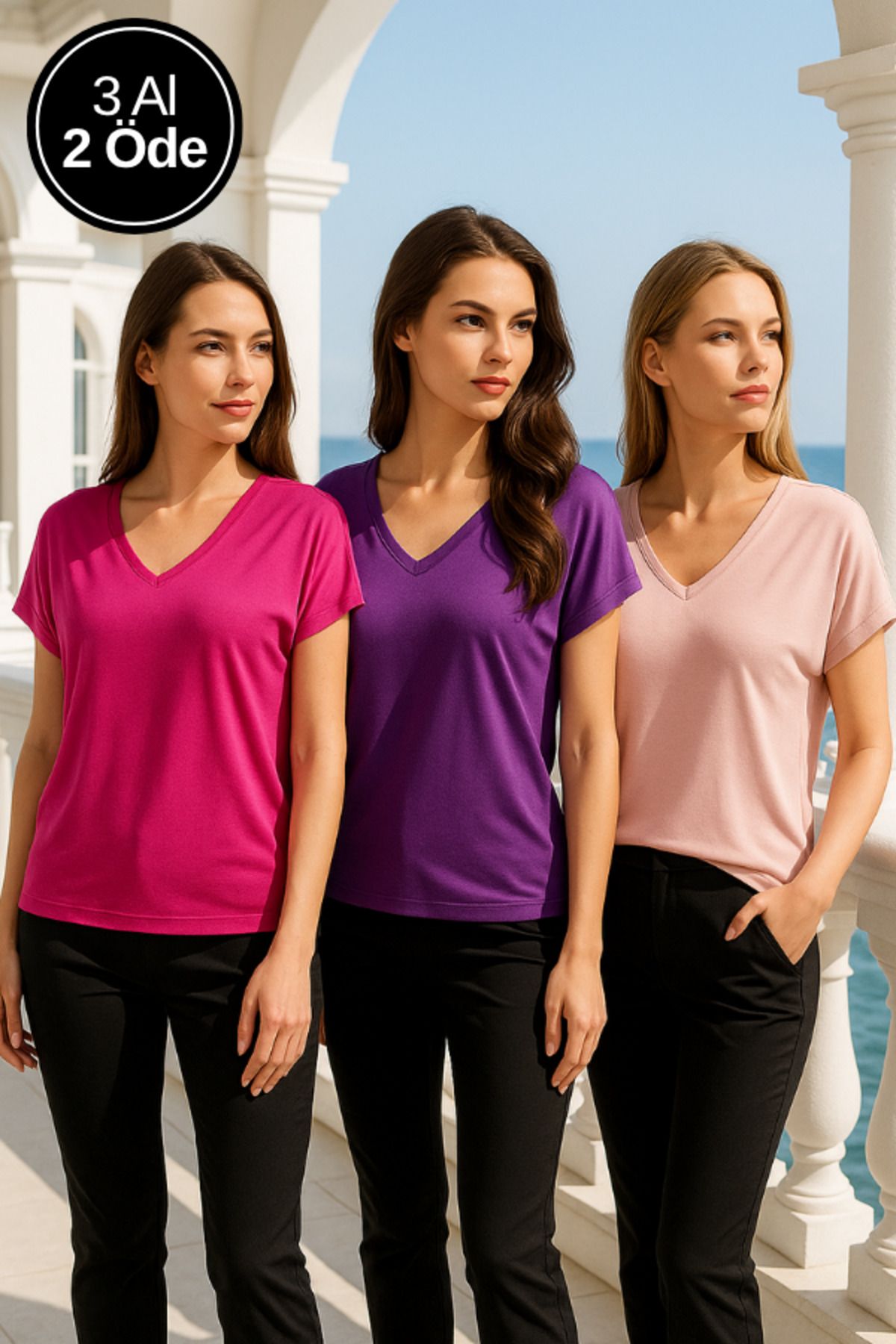 Rich Kadın 3'lü Paket Mor-Pembe-Pudra Viskon V Yakalı T-shirt Kısa Kollu Rahat Kesim Bluz