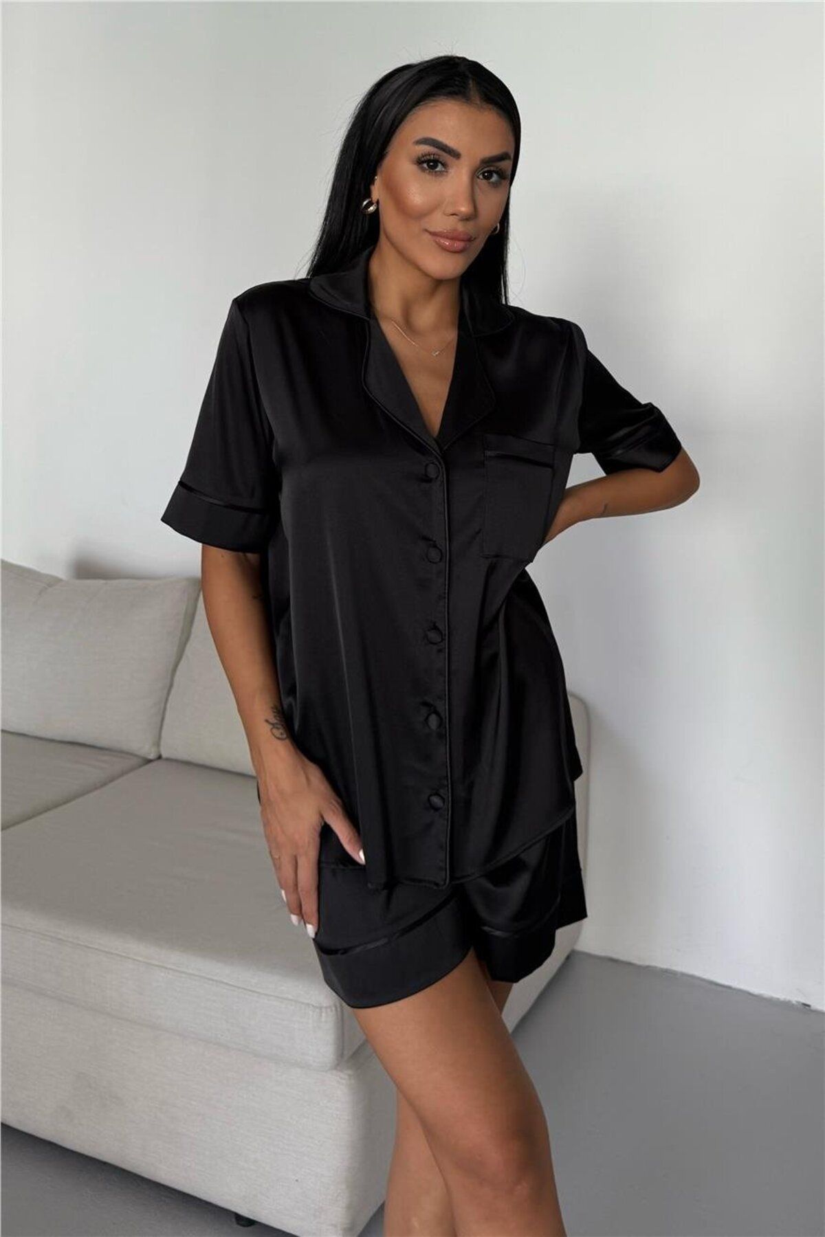 COCCOLARSI Nobiltà Della Notte Siyah Saten Kısa Pijama Takımı