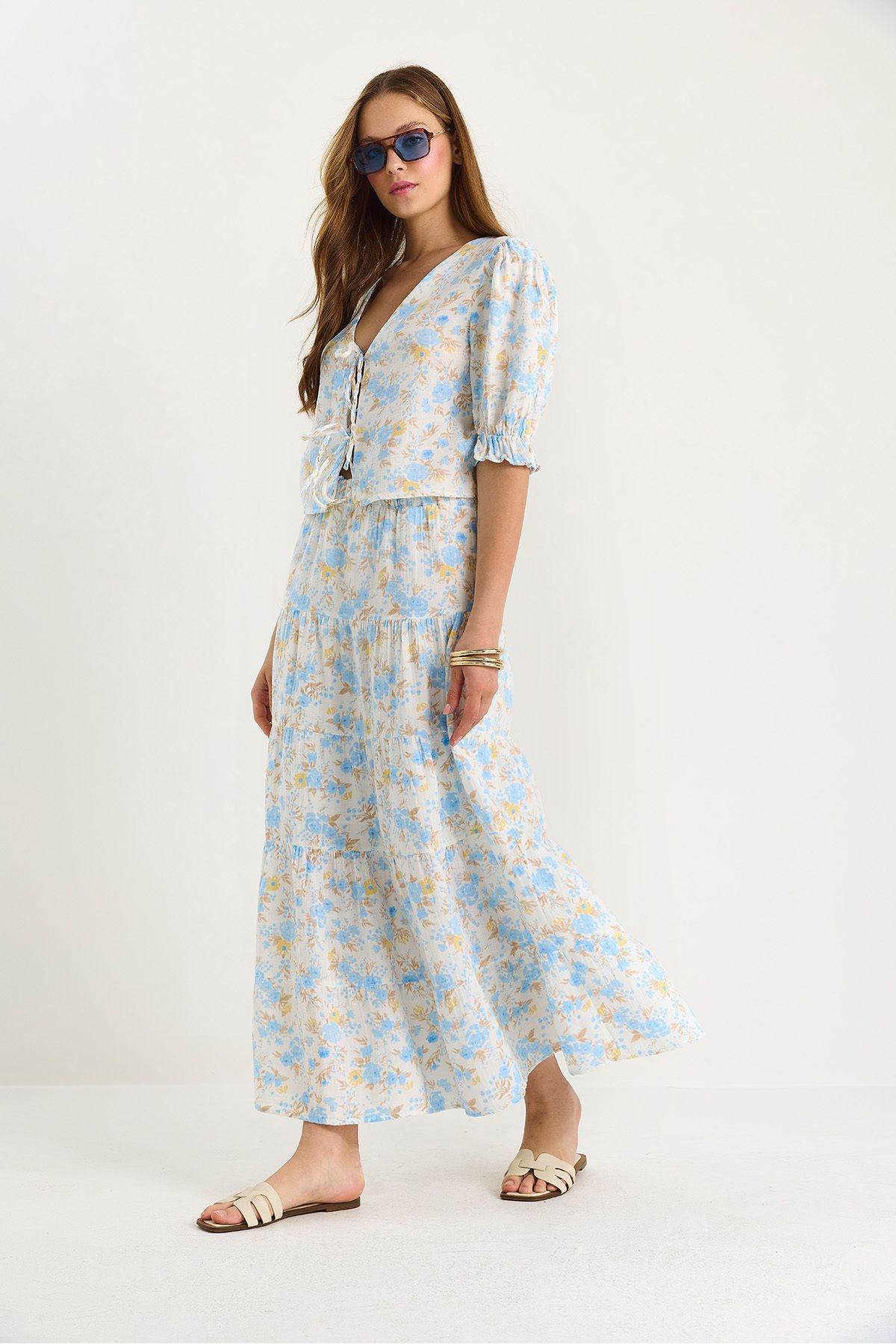 Bianco Lucci-Women's Floral Patterned Tie Detailed Blouse Skirt Lined Muslin Top-Top Set 1029 60283406 3