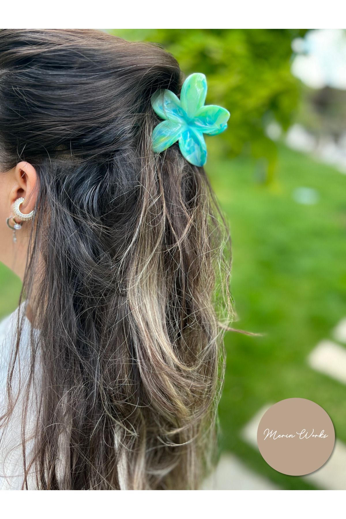 Butik Lotus Çiçeği Mandal Toka Ebruli Çok Renkli Büyük Boy Saç Aksesuarı