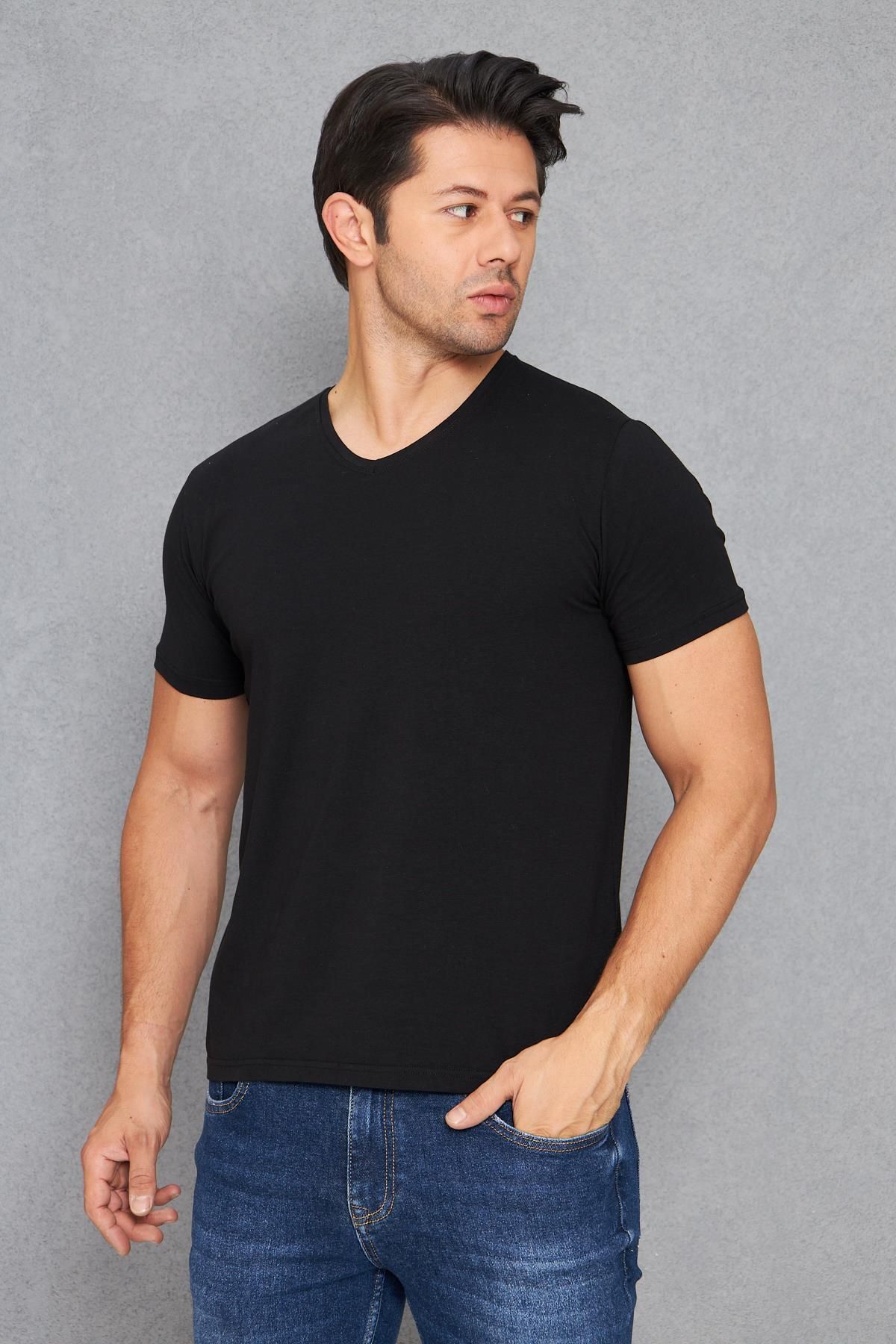TRENDHİLL Erkek Pamuklu Slim Fit V Yaka Tişört Siyah 5016-S
