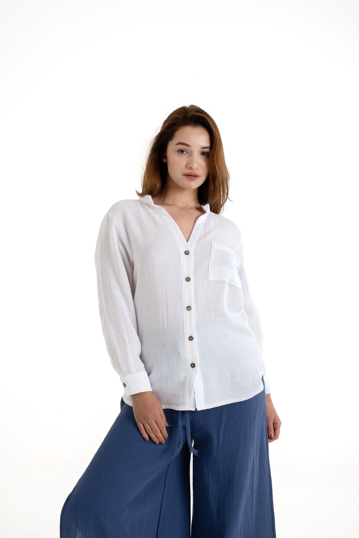 PANCHY CANKY Slim fit 2 Kat Müslin Kadın Hakim Yaka Gömlek %100 Pamuk