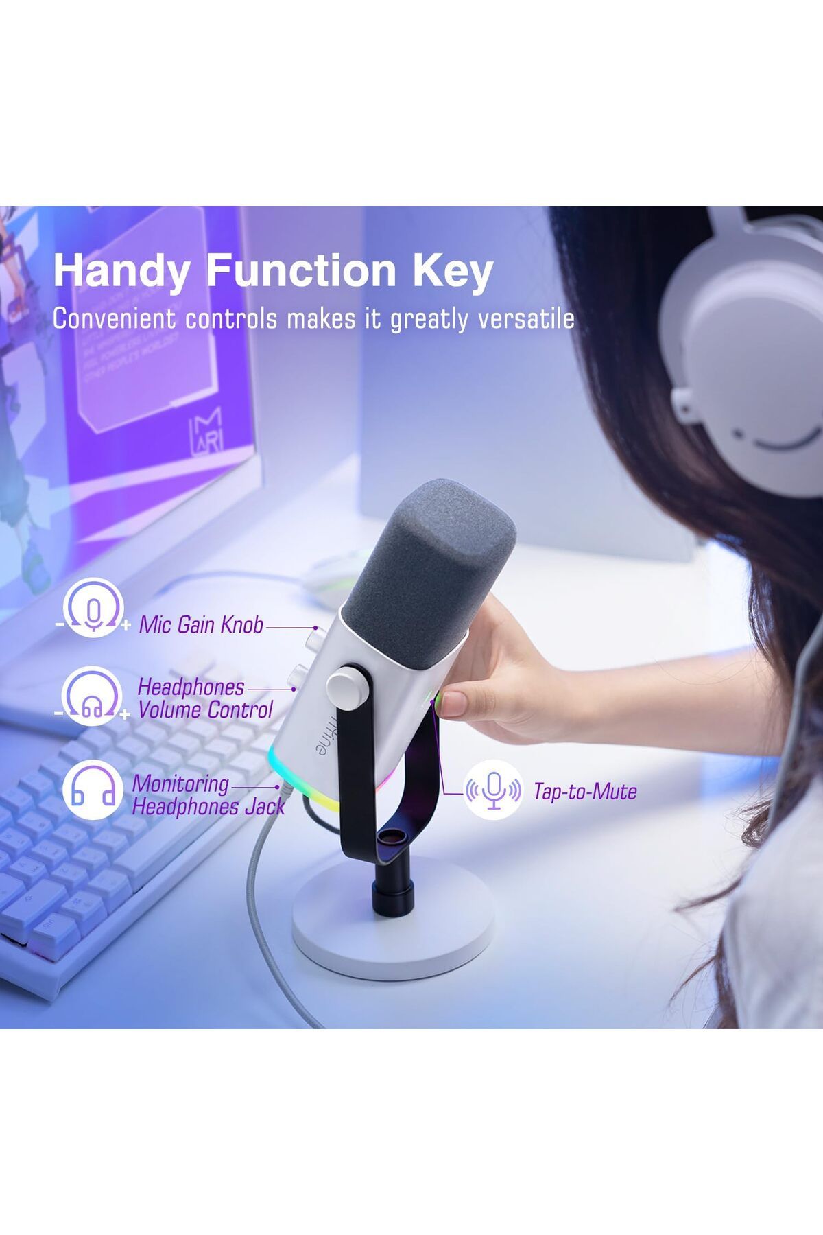 Fifine-ميكروفون ألعاب XLR/USB لبث البودكاست، ميكروفون RGB للكمبيوتر الشخصي، مع مقبض كسب، كتم الصوت 9