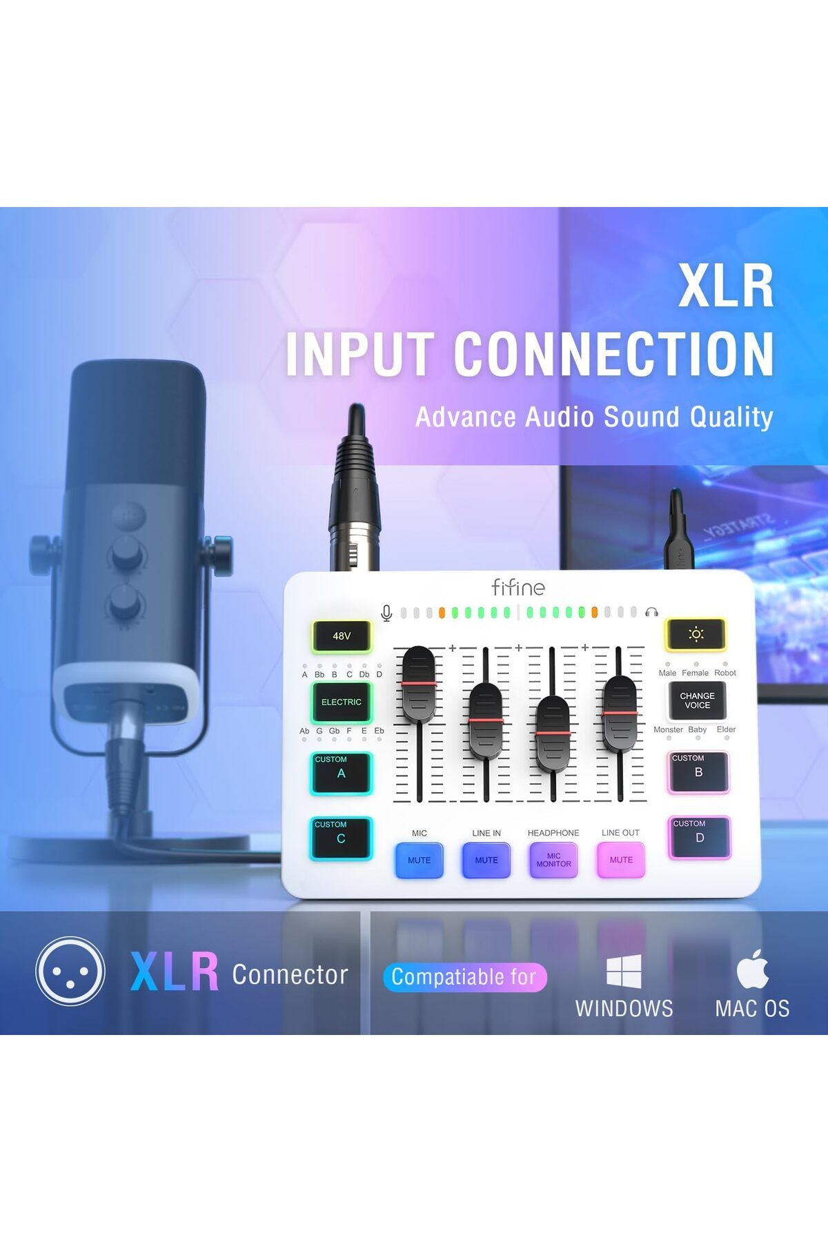 Fifine-Audio Mixer, Gaming Streaming PC Mixer with Slider Fader, XLR Microphone Interface, Monitorin 3