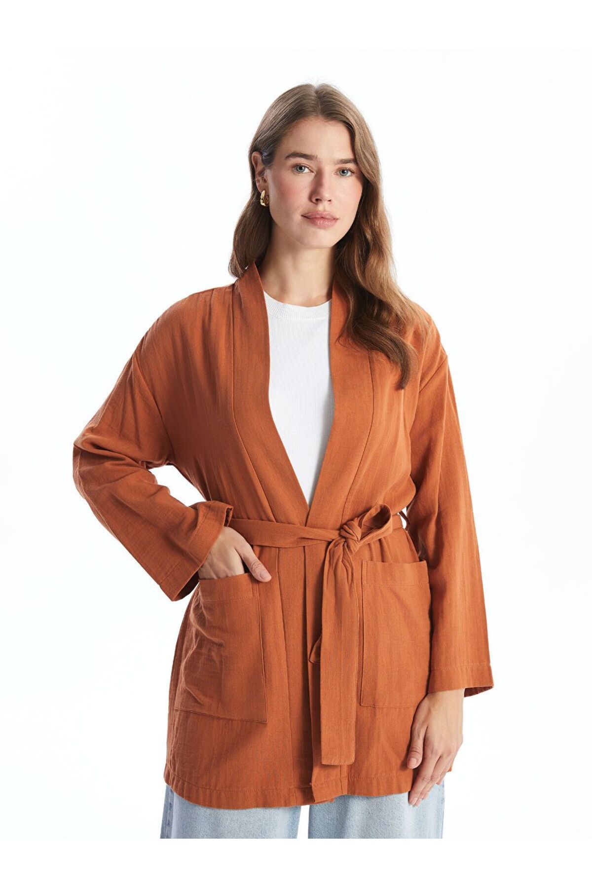 LC Waikiki Turuncu Şal Yaka Düz Uzun Kollu Oversize Kadın Kimono