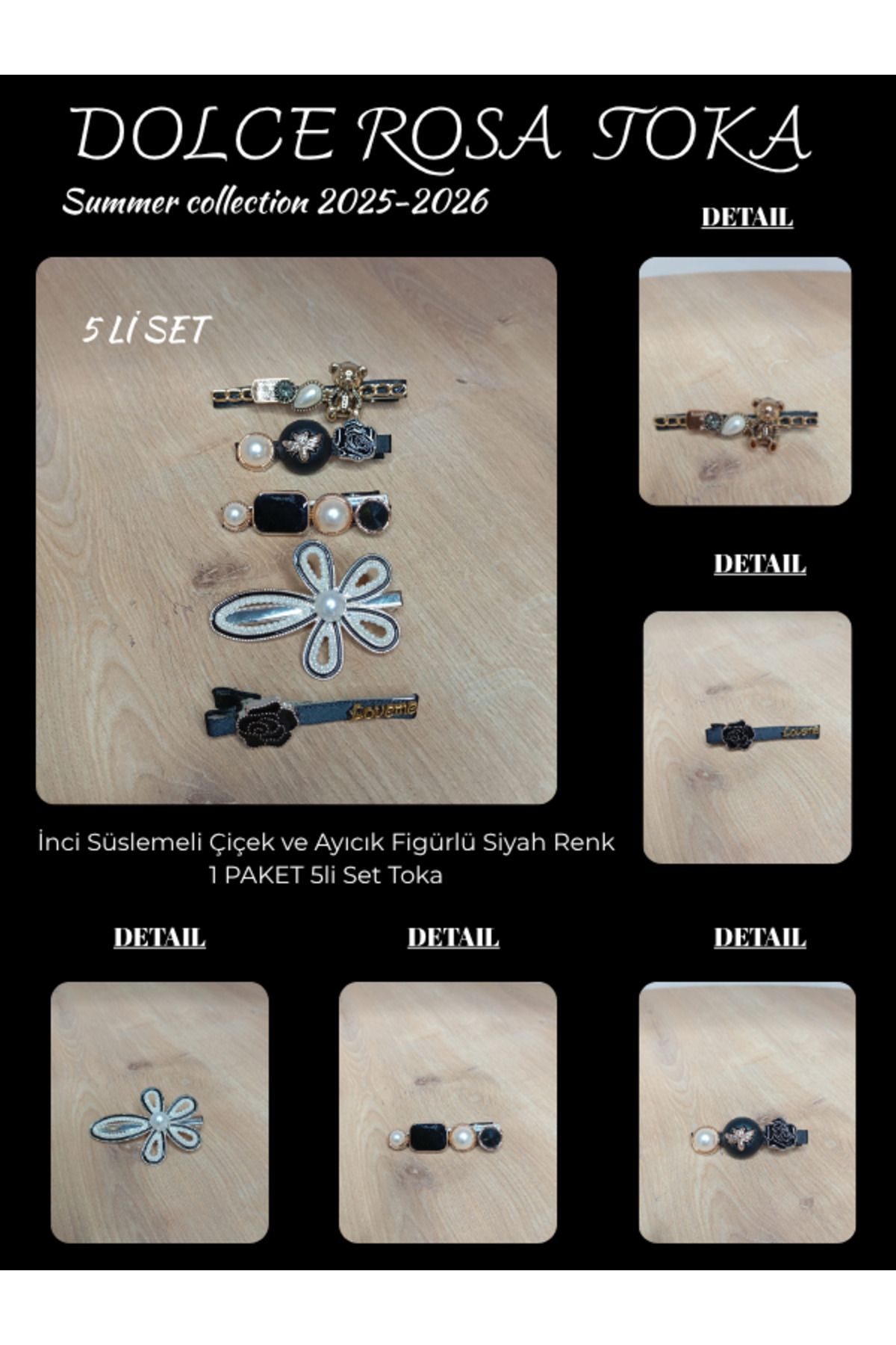 Dolce Rosa İnci Süslemeli Çiçek ve Ayıcık Figürlü Siyah Renk 1 PAKET 5li Set Toka