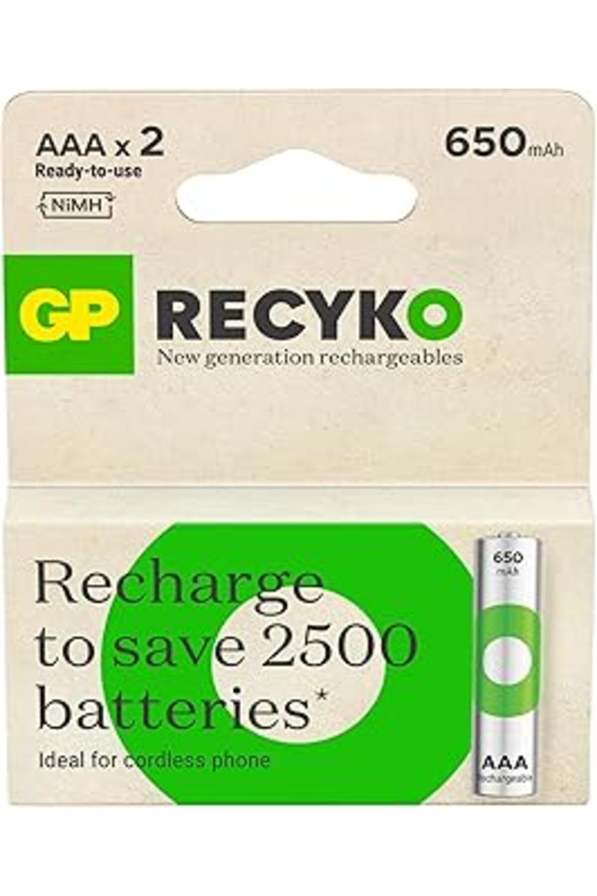 Qedii Gp Batteries Recyko 650 Aaa İnce Kalem Ni-Mh Şarjlı Pil, 1.2 Volt, 2'Li Kart