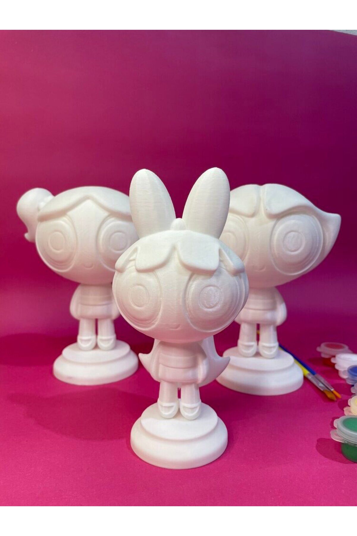 Nobrand Powerpuff Girls – 3’lü Boyama Seti (Blossom, Bubbles, Buttercup) 10 cm | 6 Renk Akrilik Boya 2 Fırça
