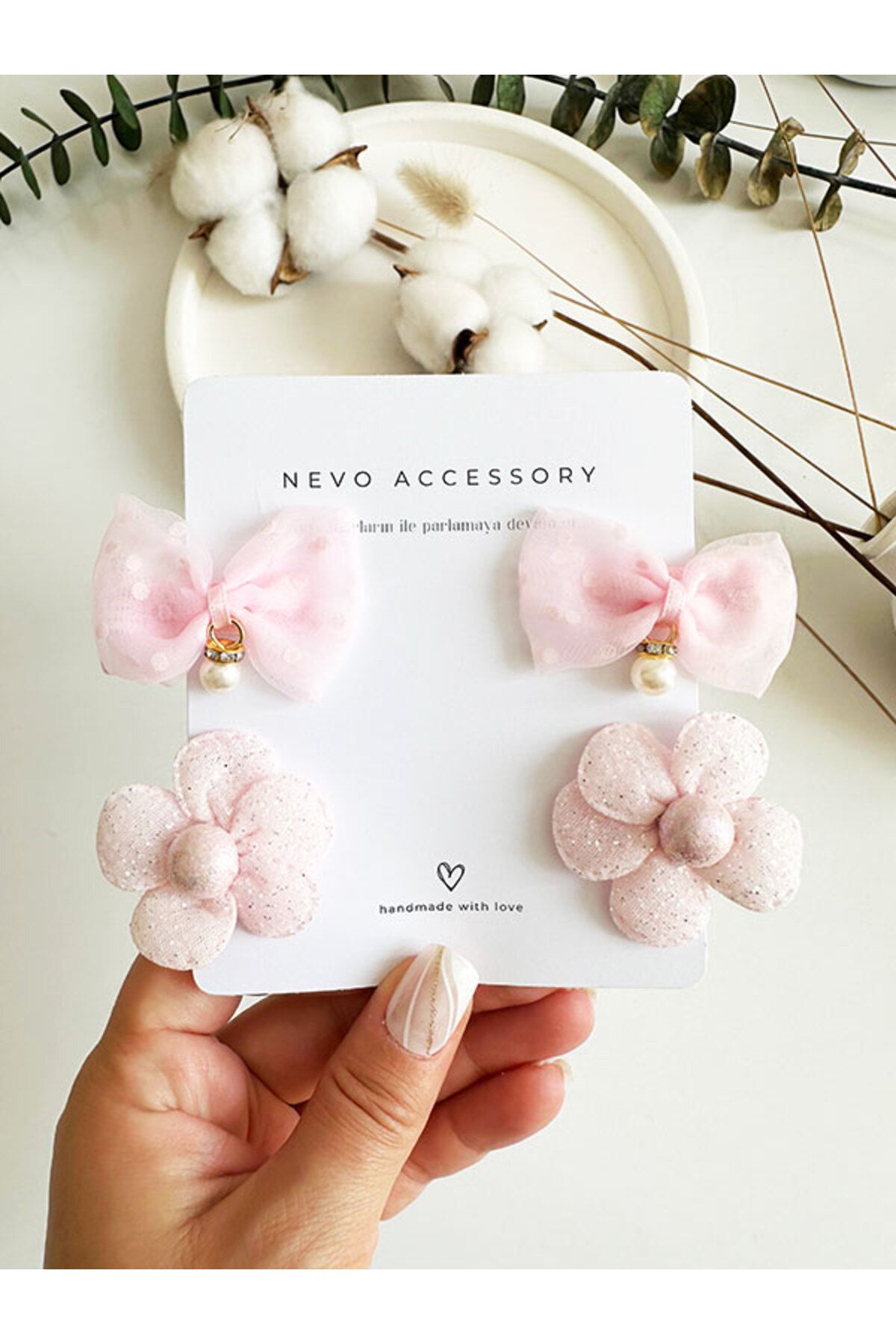 NevoAccessory Çocuk Fiyonklu Pembe 2'li Takım Toka Seti