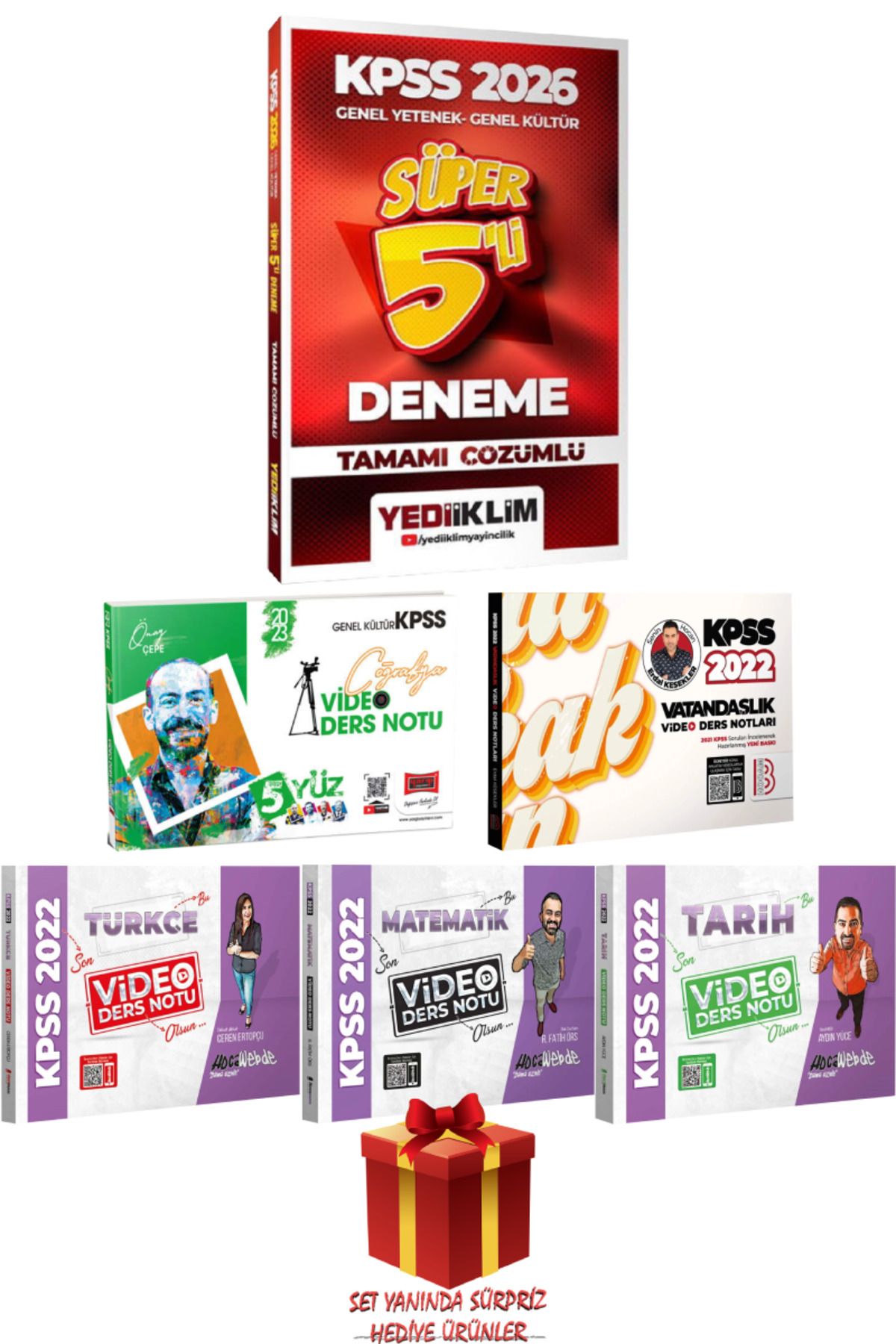 Yediiklim Yayınları KPSS 2026 GYGK Süper 5'li Deneme+ Türkçe Matematik Tarih Coğrafya Vatandaşlık Video Ders Notu+Hediye