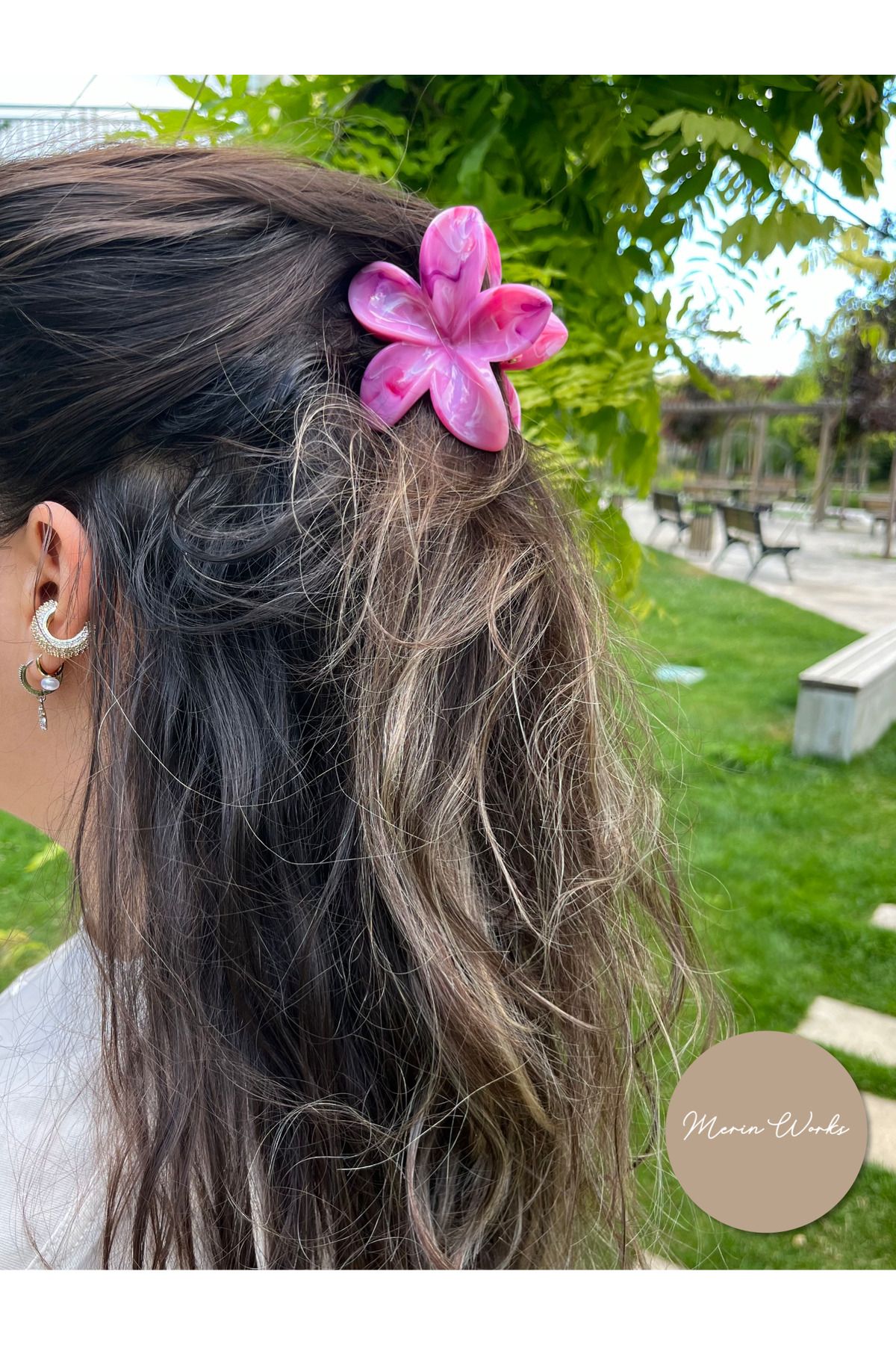 Butik Lotus Çiçeği Mandal Toka Ebruli Çok Renkli Büyük Boy Saç Aksesuarı