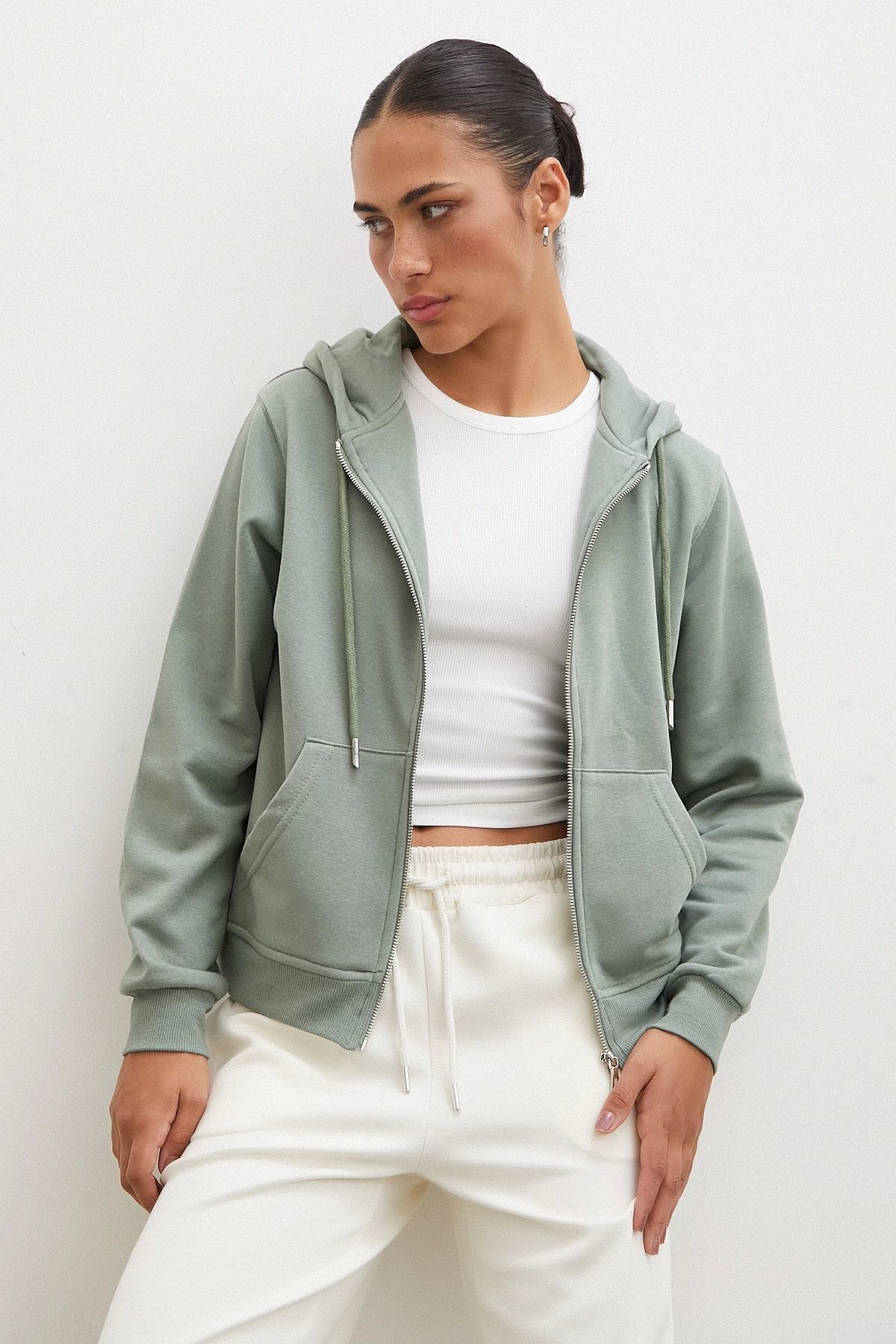 TRENDQUEL Fermuarlı Kapşonlu Sweatshirt Yeşil
