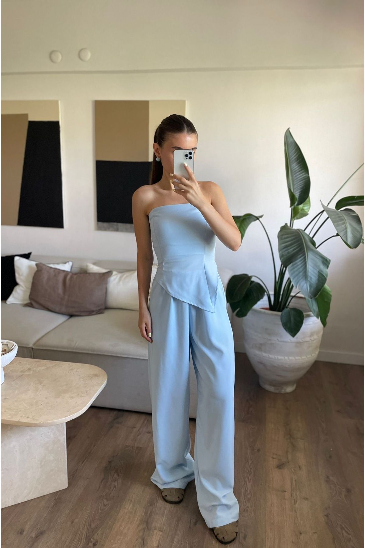 Özgece MAVİ STRAPLEZ BLUZ PANTOLON TAKIM
