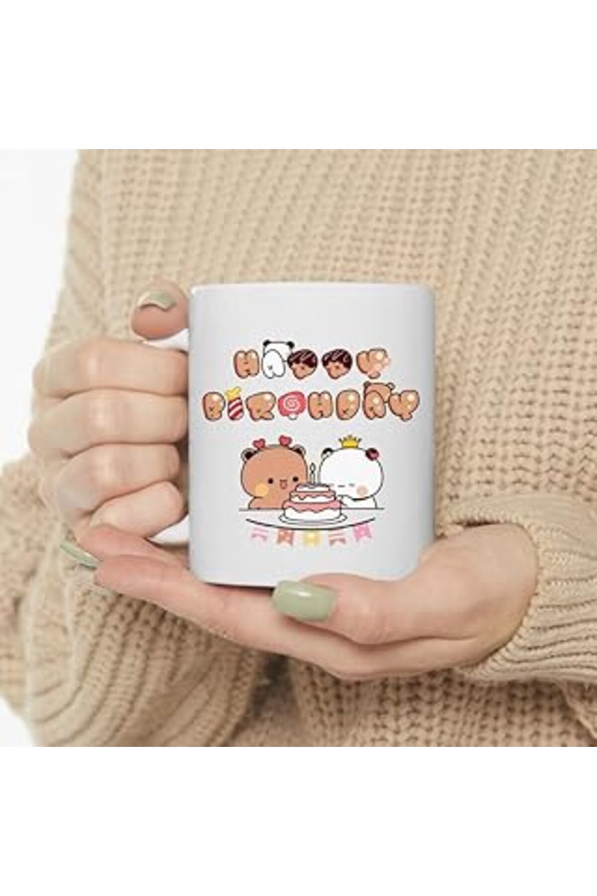 Mu Art Ahşap Print Dore Sevimli Bubu Ve Dudu Kahve Kupa, Ayı Seramik Kupa, Panda Ayı Kupası,Ingilizce Kupa 92