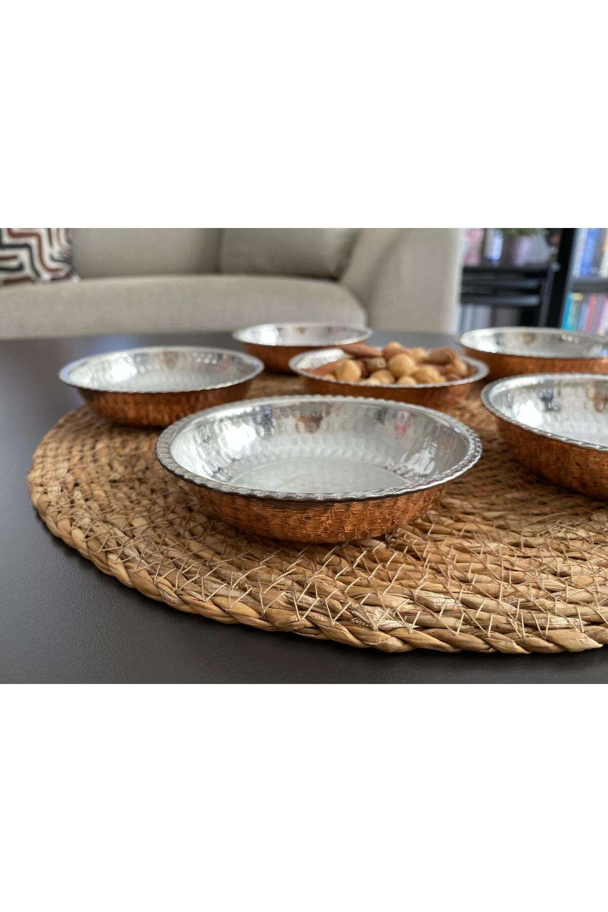 Layla Copper 6'lı Kulpsuz Dövme İşlemeli Bakır Çerezlik-Kahvaltılık-Reçellik-Sunumluk Set (12 cm X 2,7 cm)