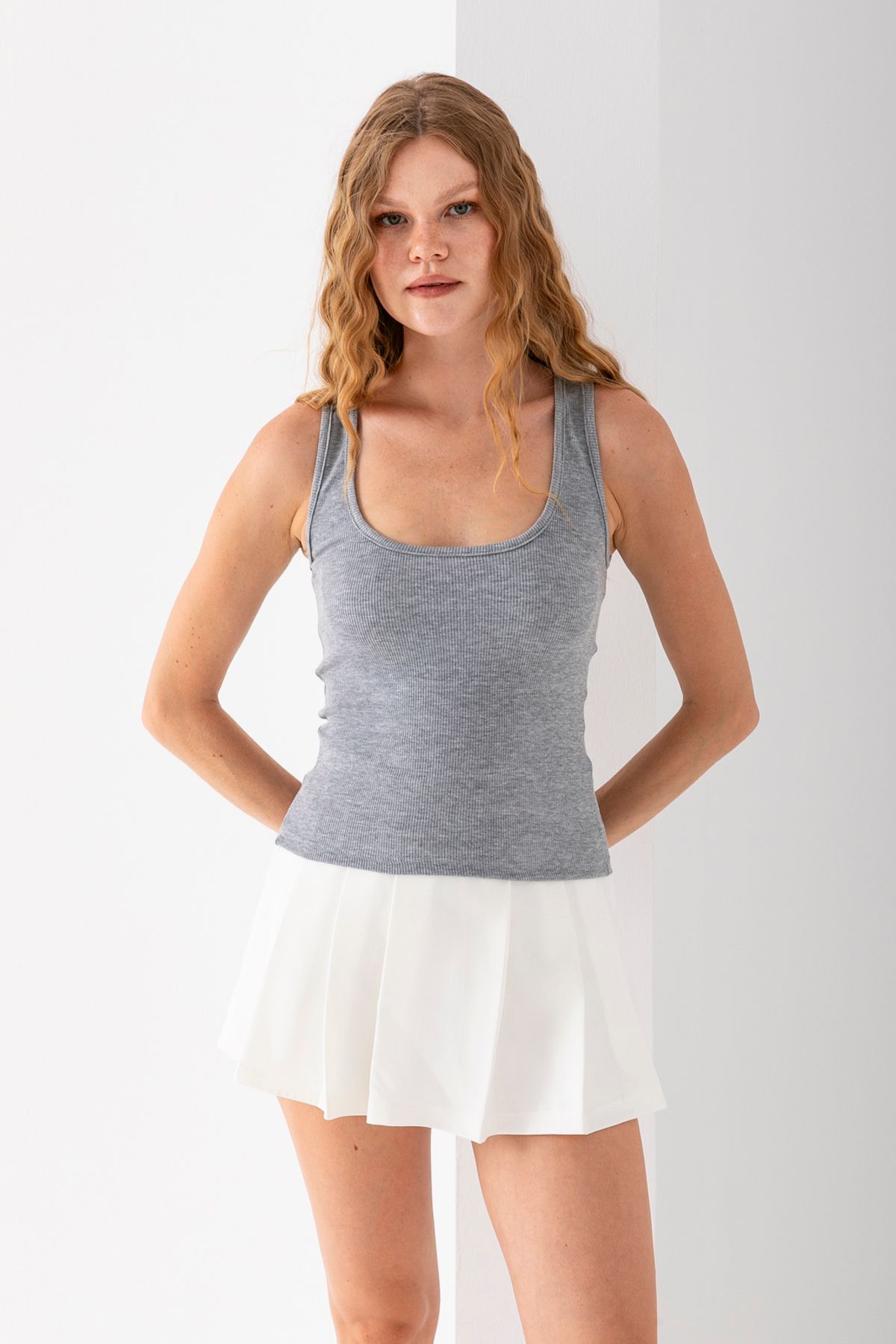 lidya lingerie ELOS Kadın Gri Fitilli Kalın Askılı Havuz Yaka Basic Atlet 30001