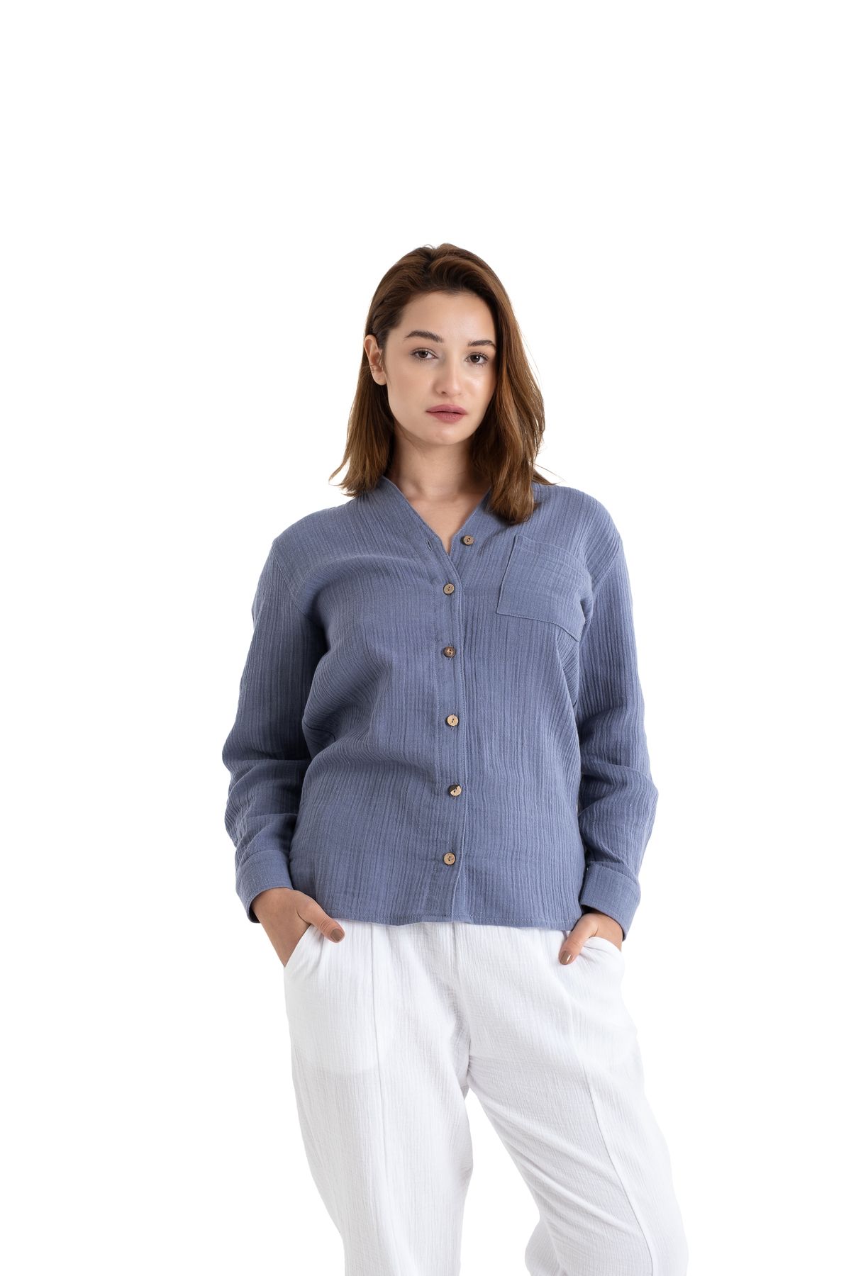 PANCHY CANKY Slim fit 2 Kat Müslin Kadın Hakim Yaka Gömlek %100 Pamuk
