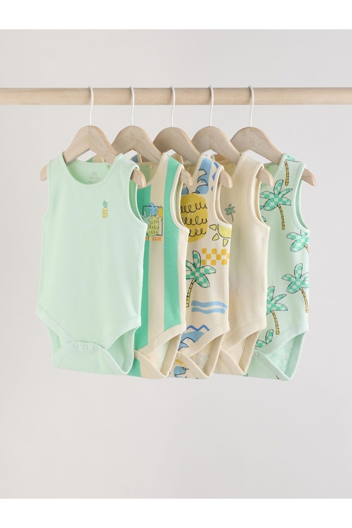 Next Baby %100 Pamuklu Yeşil Çizgili Ananas Desenli 5'li Body Zıbın Set