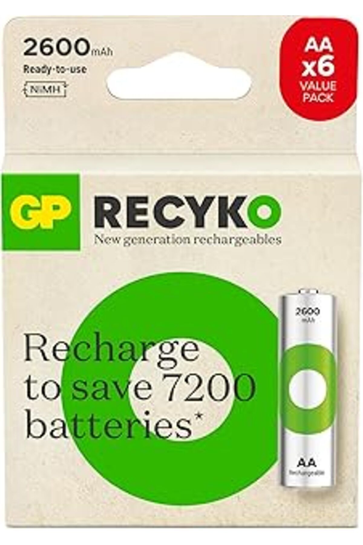 Roses Store Gp Batteries Recyko 2600Mah Aa Kalem Ni-Mh Şarjlı Pil, 1.2 Volt, 6'Lı Kart