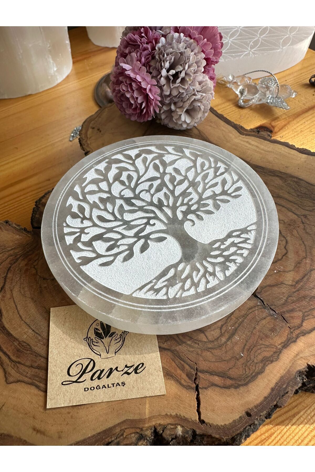 parze doğaltaş Selenit Doğal Taş Hayat Ağacı Sembollü Plaka