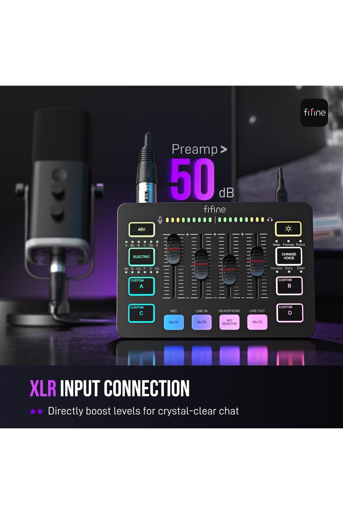 Fifine-Gaming Audio Mixer, Streaming RGB PC Mixer with XLR Microphone Interface, Individual Control, 3
