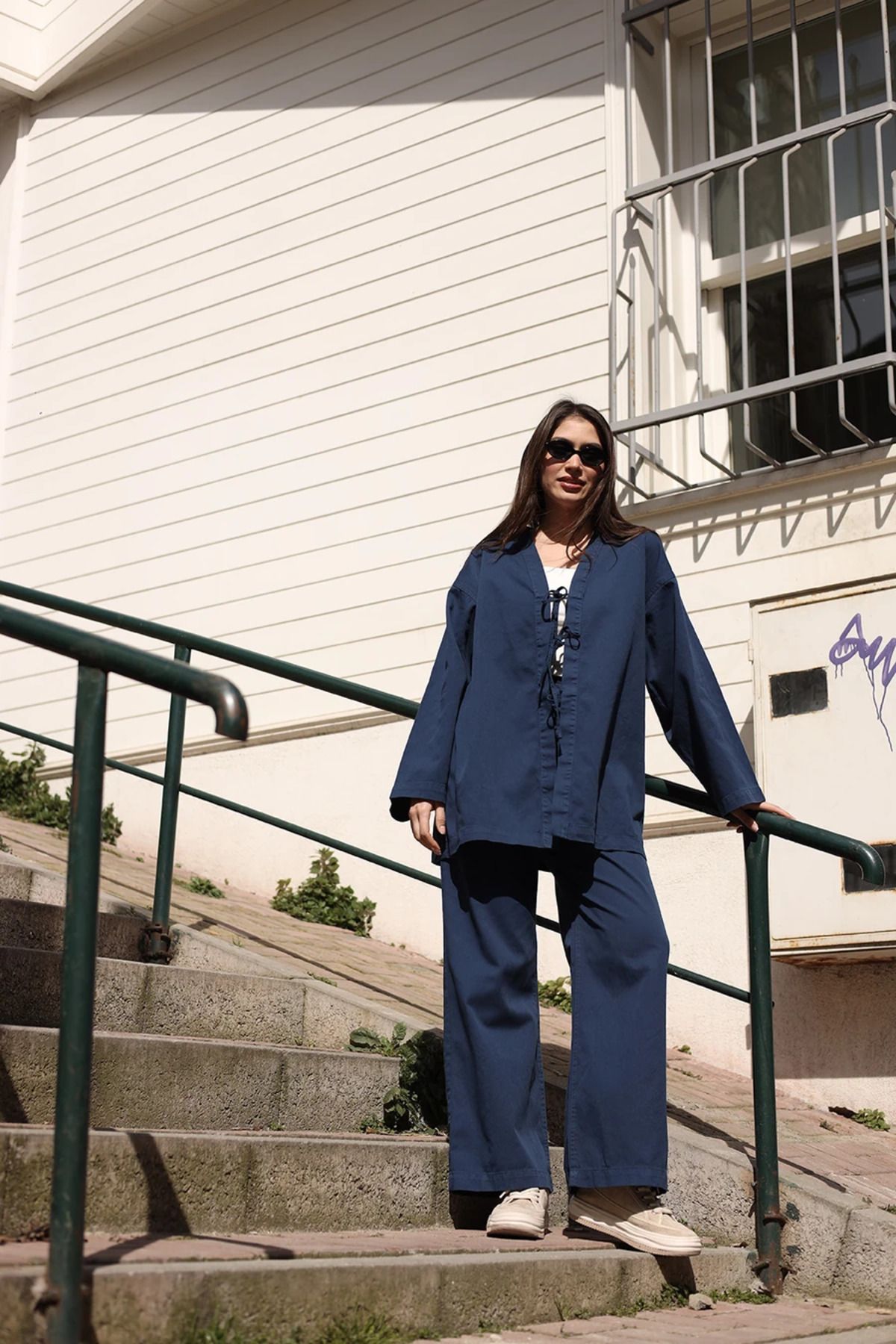 Butik CAMELYA - PANTOLON KİMONO TAKIM - ÖNÜ BAĞLAMALI - İNDİGO RENK - GABARDİN KUMAŞ - BASİC