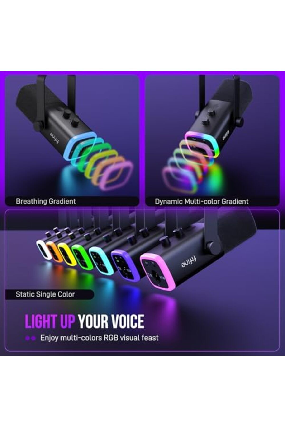 Fifine-XLR/USB Gaming Microphone Set, Dynamic PC Mic for Streaming Podcasting, Computer RGB Mic Kit 9
