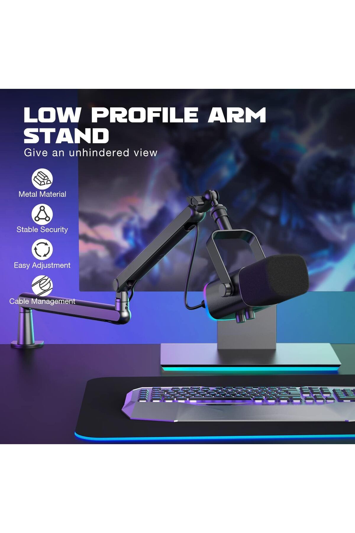 Fifine-Microphone Boom Arm, Low Profile Adjustable Stick Microphone Arm Stand with Desk Mount Clamp, 3