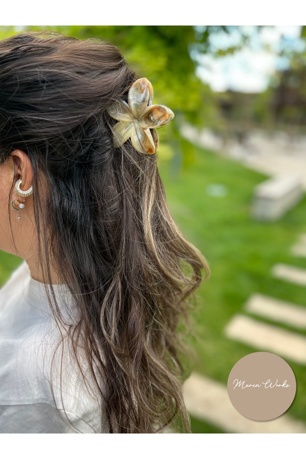 Butik Lotus Çiçeği Mandal Toka Ebruli Çok Renkli Büyük Boy Saç Aksesuarı
