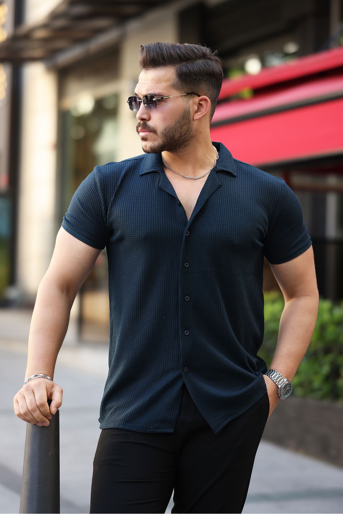 REFRESH Style Erkek Lacivert Apaş Yaka Kısa Kollu Gömlek