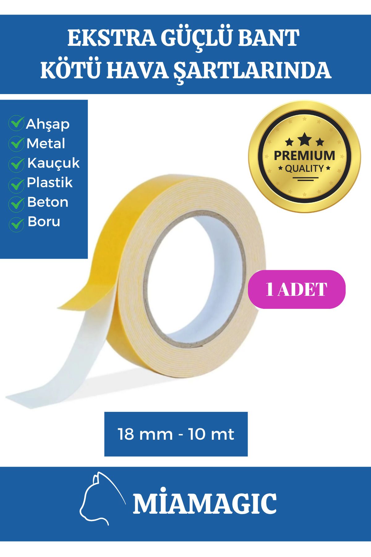 Miamagic Süper Ekstra Güçlü Uzun Ömürlü Yapışkan İz Bırakmaz Kuvvetli Kolay Çift Taraflı Köpük Bant 10mt