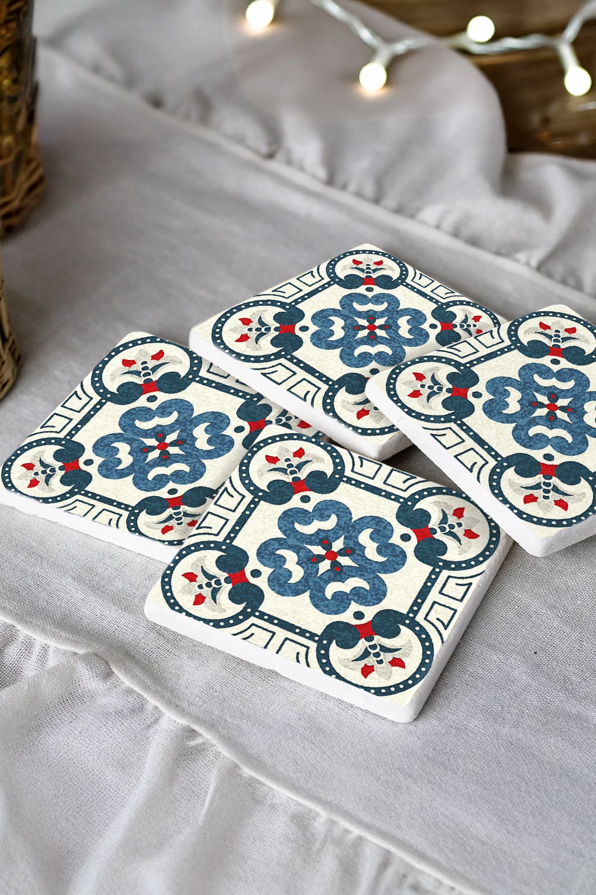 Sionar Yadigâr Deseni Mozaik Desenleri Taş Traverten Fincan Bardak Altlığı 4'lü Set 10x10x1cm