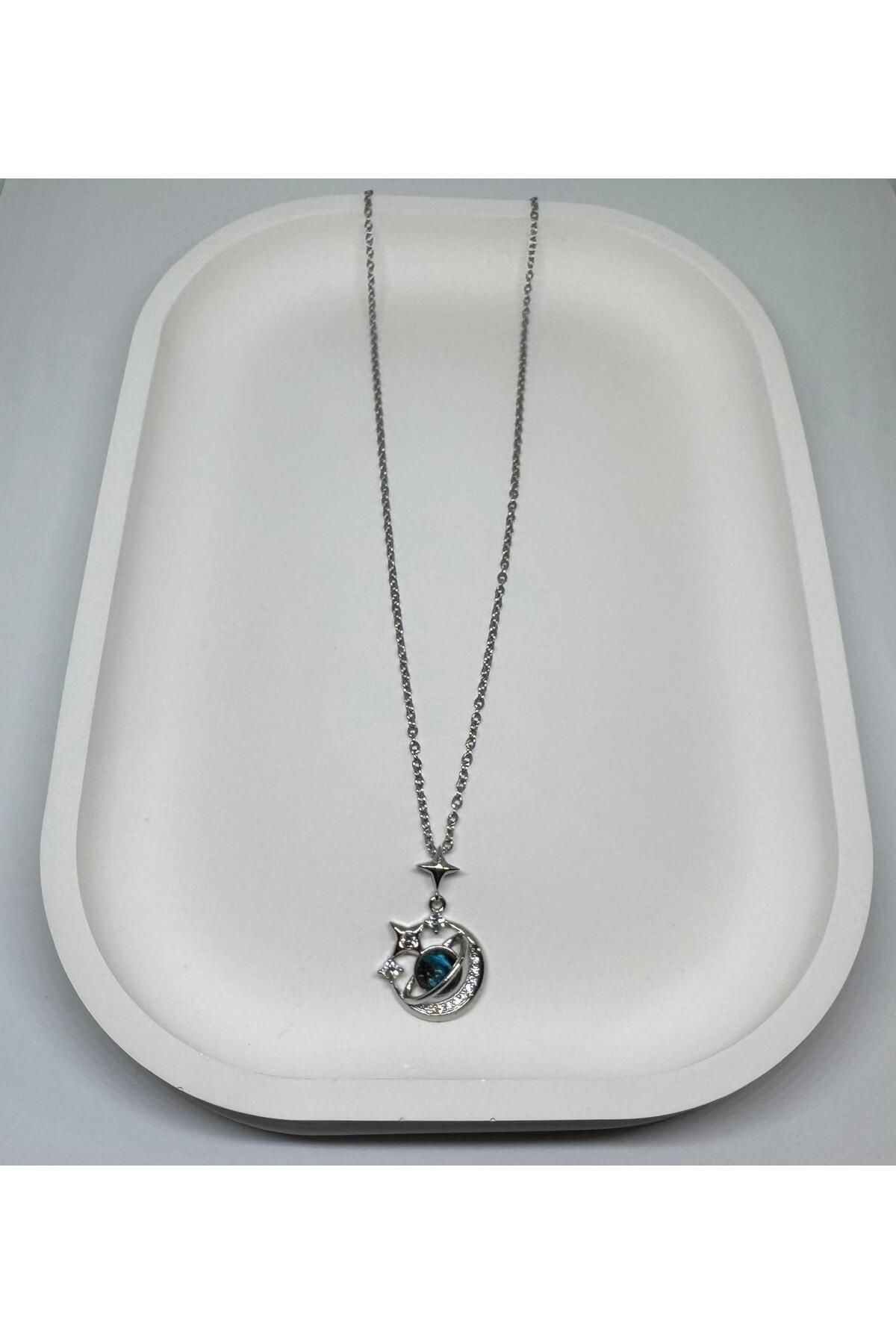 Li'Jewelry ÇELİK MAVİ TAŞLI GEZEGEN KOLYE