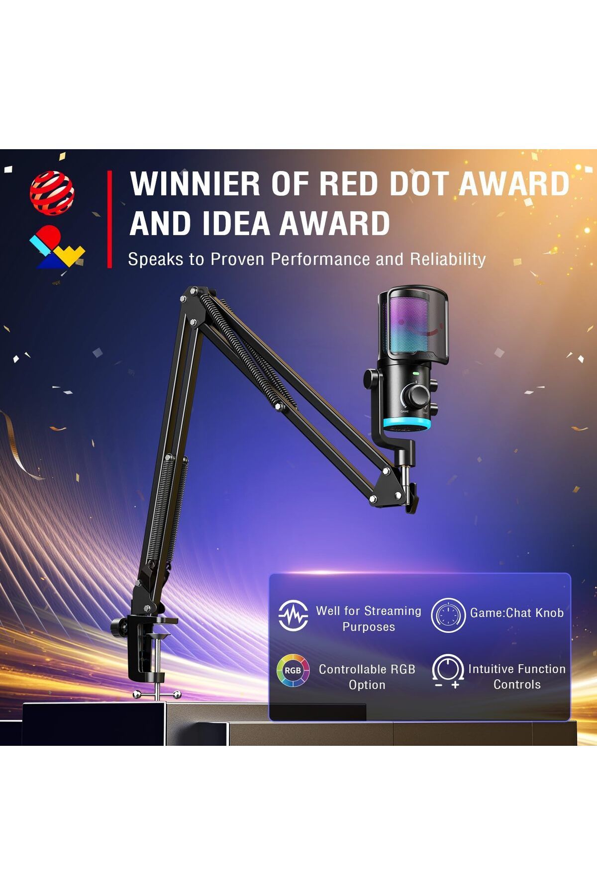 Fifine-AM6T USB Streaming Microphone for PC Gaming, Professional Condenser Mic with RGB, Noise Cance 3