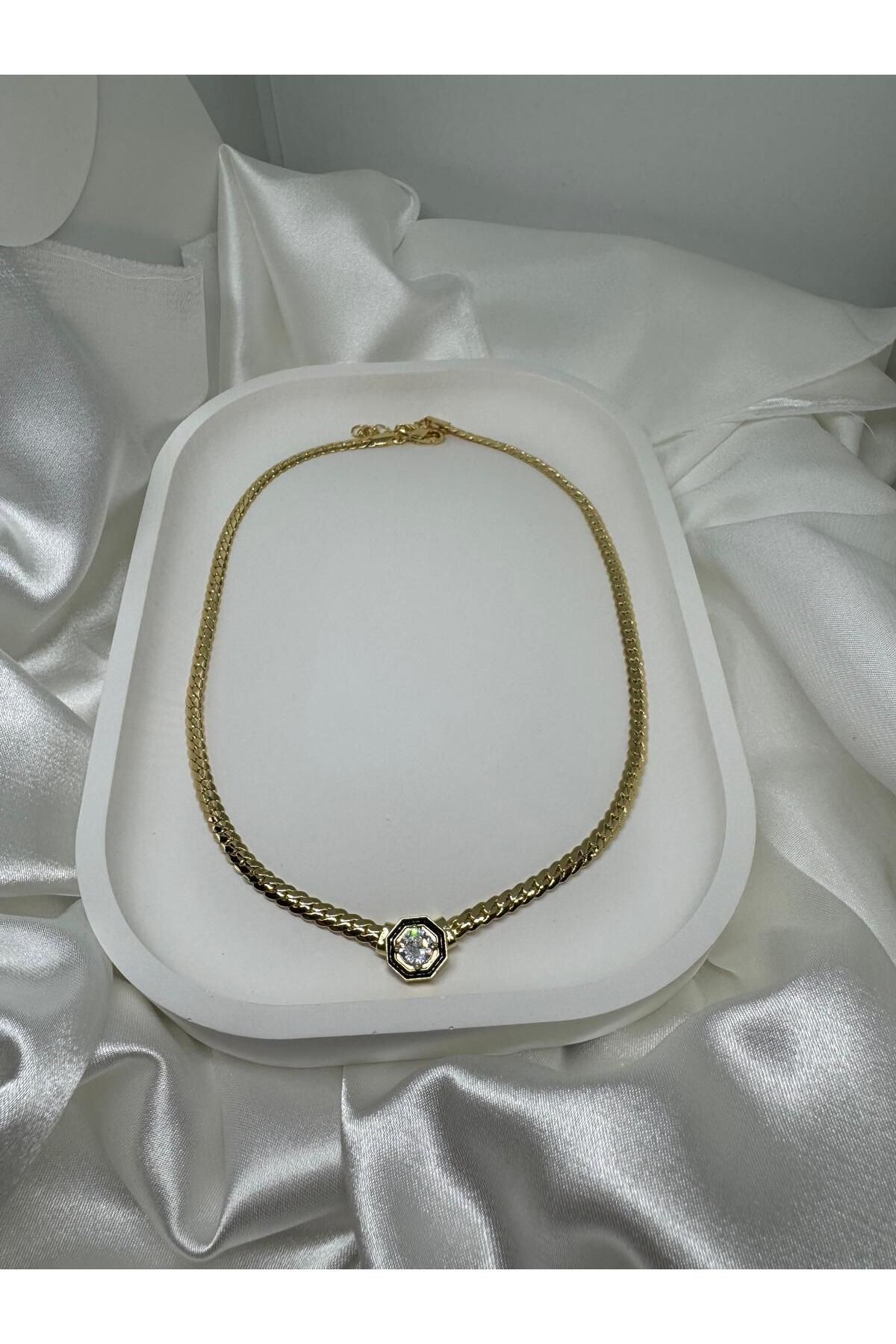 Li'Jewelry ÇELİK SİYAH TAŞLI HASIR LEYLA KOLYE