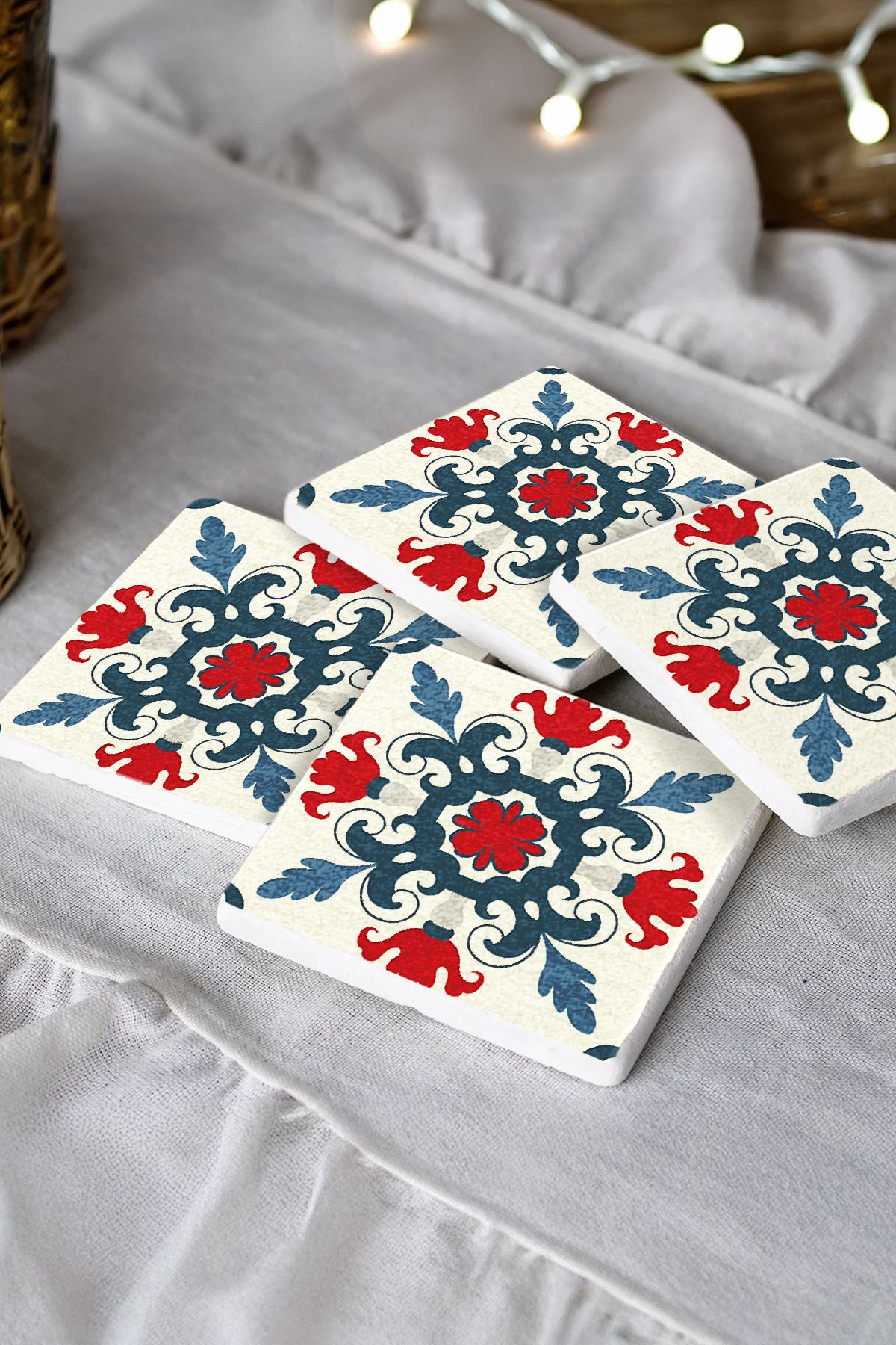 Sionar Vezara Mozaik Desenleri Taş Traverten Fincan Bardak Altlığı 4'lü Set 10x10x1cm