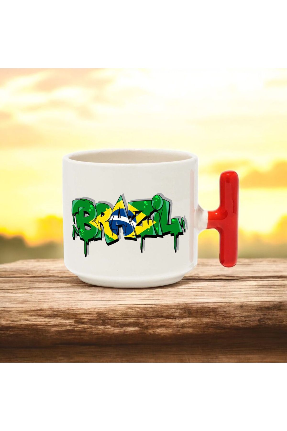 BB TRADE-Brazil Green Designed Red t Handle Ceramic Printed Mug Cup 250 ml 1