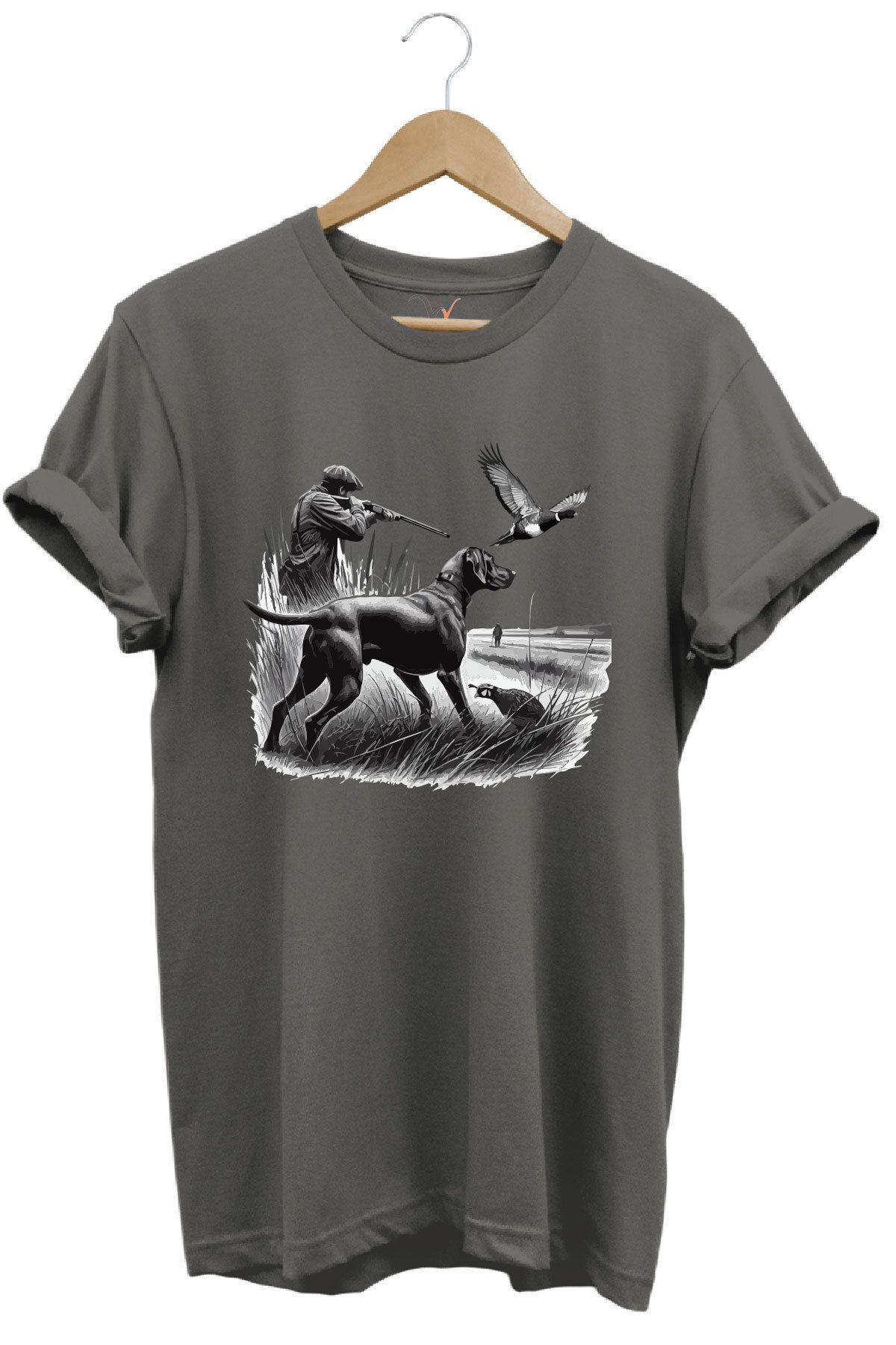 WİDİ Avcılık Temalı Kuş Avı ve Av Köpeği Baskılı %100 Pamuk Regular Fit T-Shirt