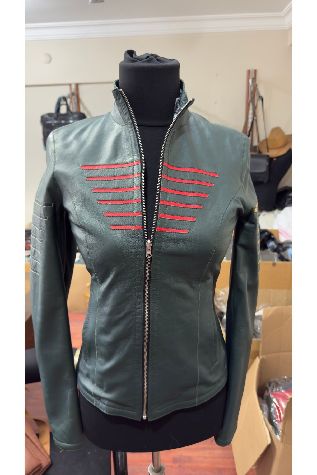 ZELIA Wear Zümrüt Çizgi Kadın Hakiki Deri Ceket