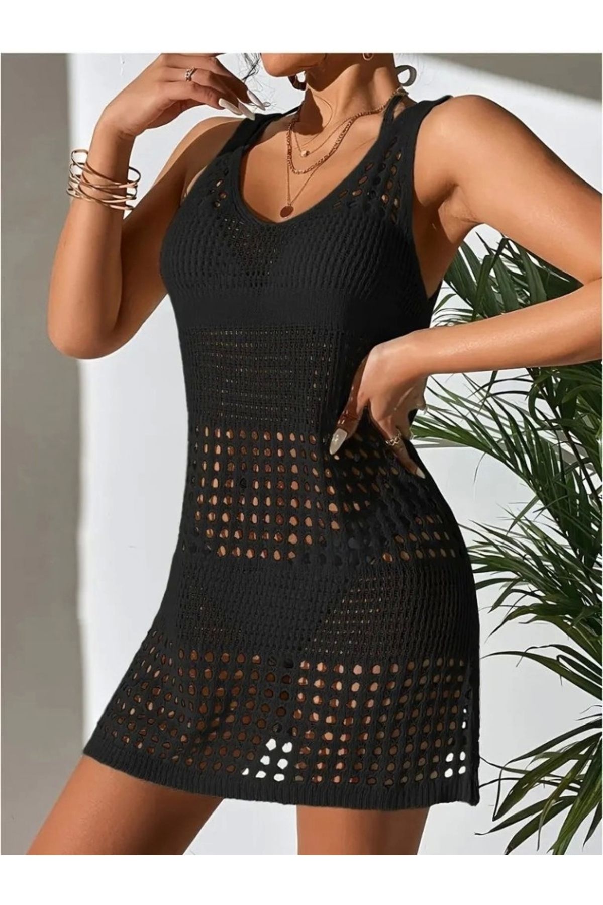 Butik Kadın Kolsuz Delikli örgü Detay Mini Triko Pareo Elbise