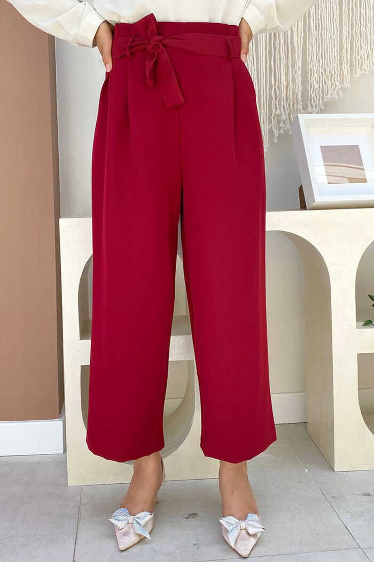 BYM Fermuarlı Bel Bağcıklı Pantolon 0174 Bordo