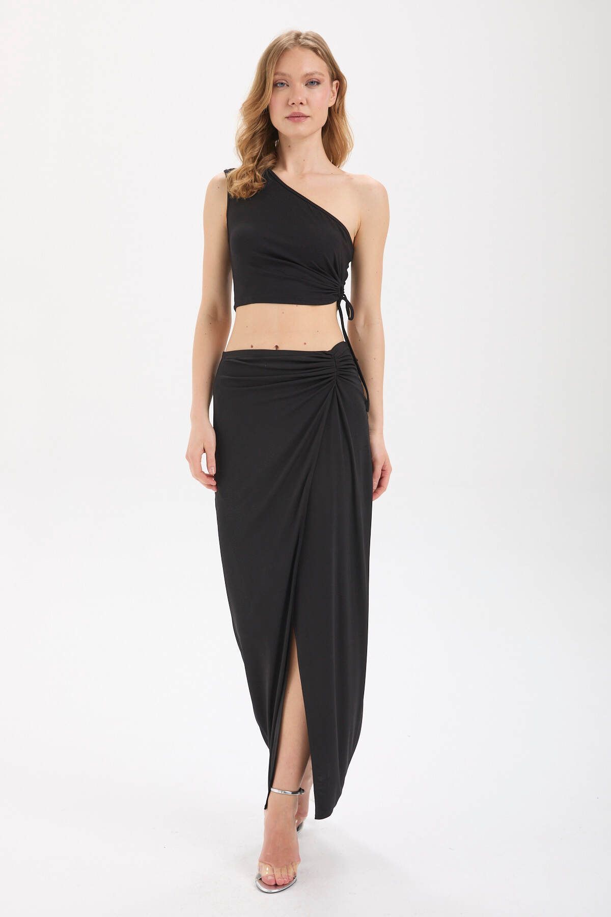 IMBUE Kadın Siyah Yüksek Bel Drapeli Büzgülü Bodycon Maxi Etek