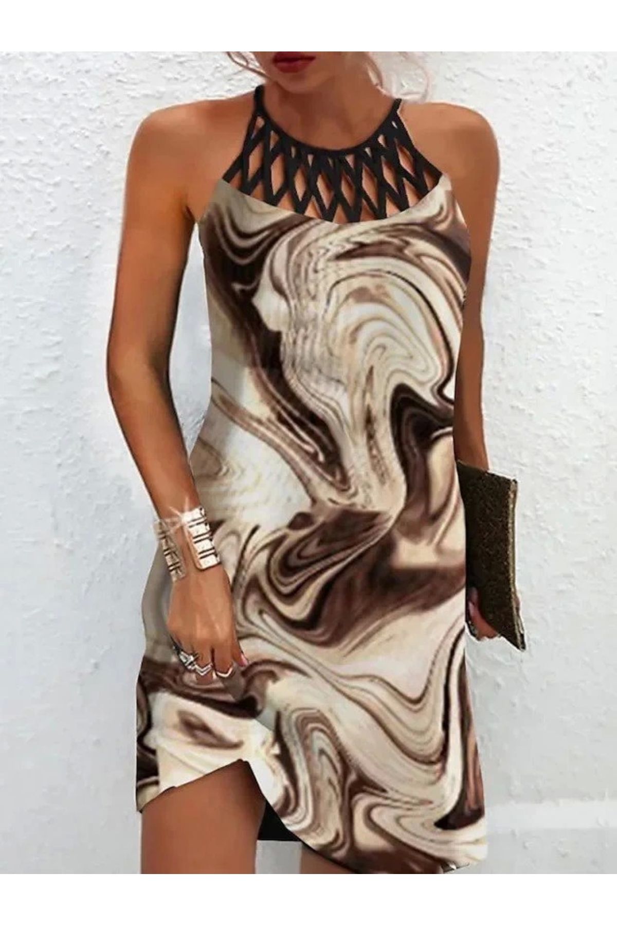 Butik Kadın Sıfır Kol Soğuk Omuz Yaka Baskılı Süprem Elbise