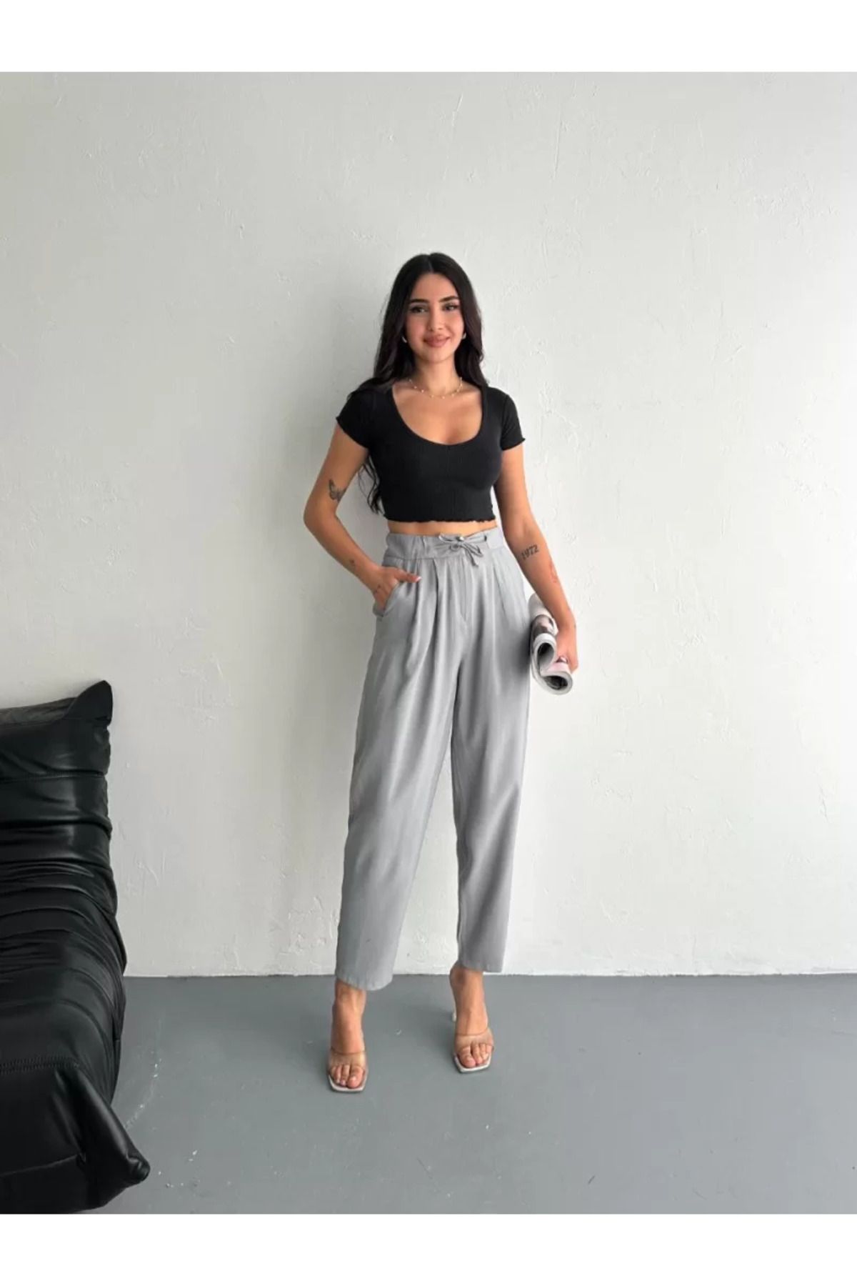 ruum fashions Kadın Yüksel Bel Rahat Boru Paça Pantalon
