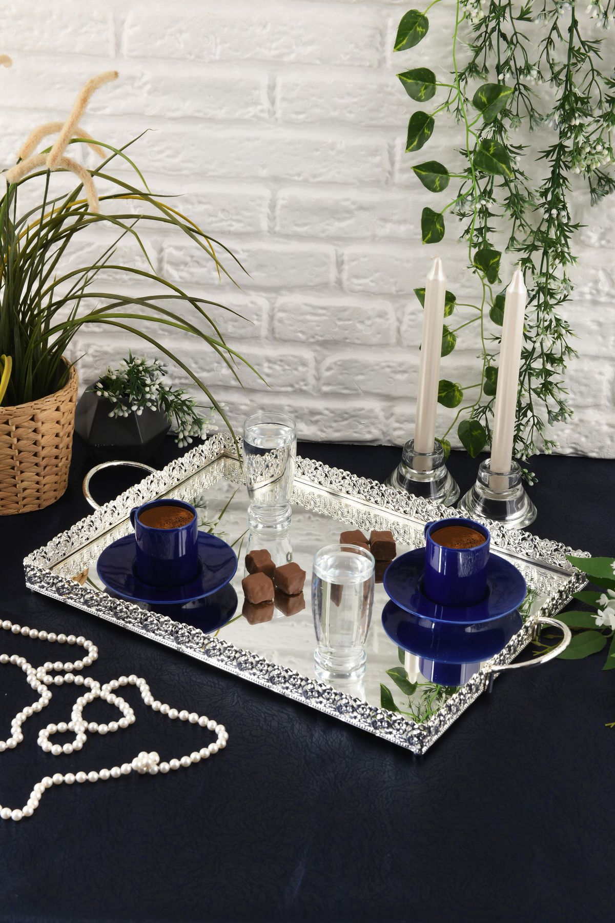 HELVACIOĞLU AKSESUAR Aynalı Kulplu Kahve , Çay , Çikolata Söz ve Nişan Sunum Tepsisi 32x43 Cm