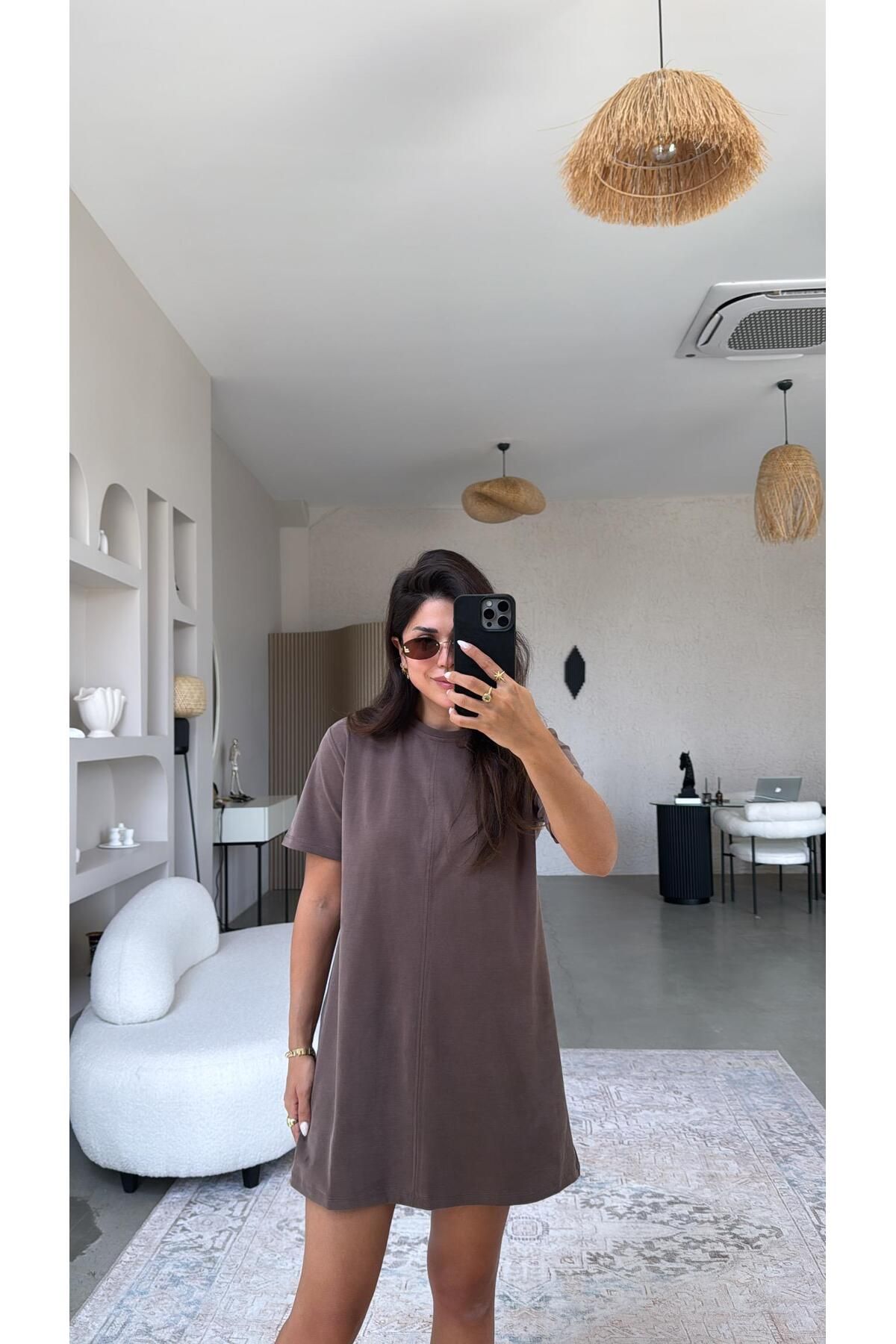 Buket Teke Kahverengi Yıkamalı Mini Elbise