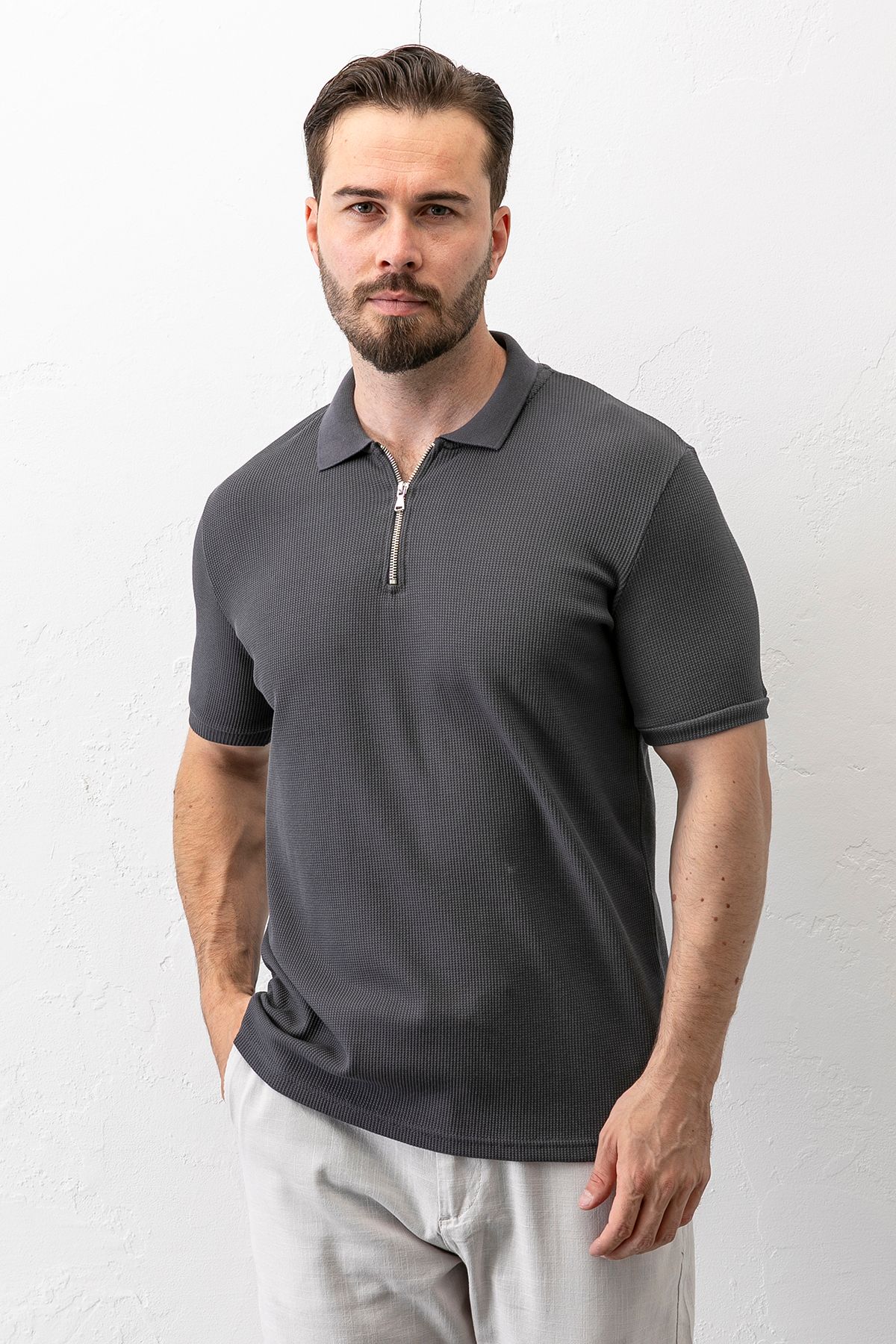 JB John Borners Erkek Polo Yaka Fermuar Detaylı Dokulu T-Shirt Antrasit - 2914