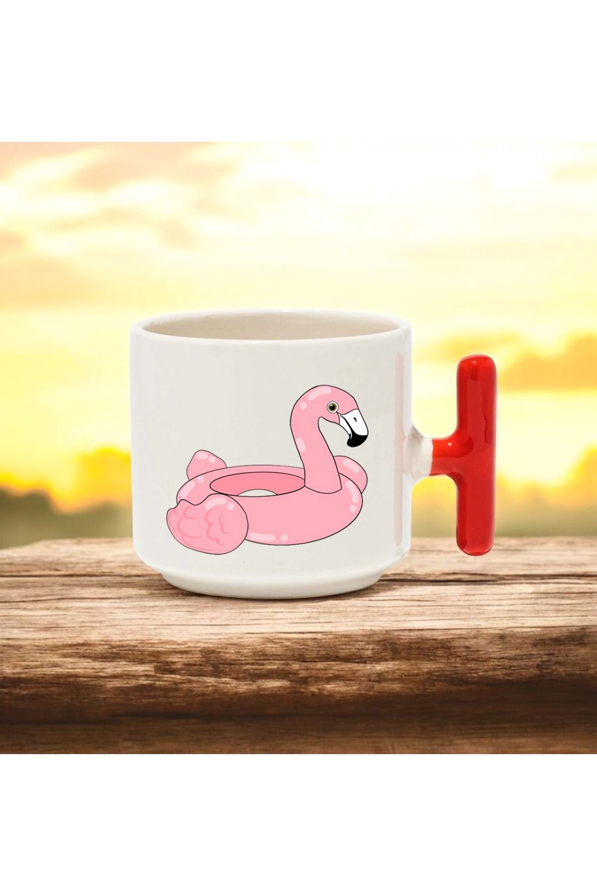 BB TRADE Pembe Flamingo Tasarımlı Kırmızı T Kulplu Seramik Baskılı Kupa Bardak 250 ML